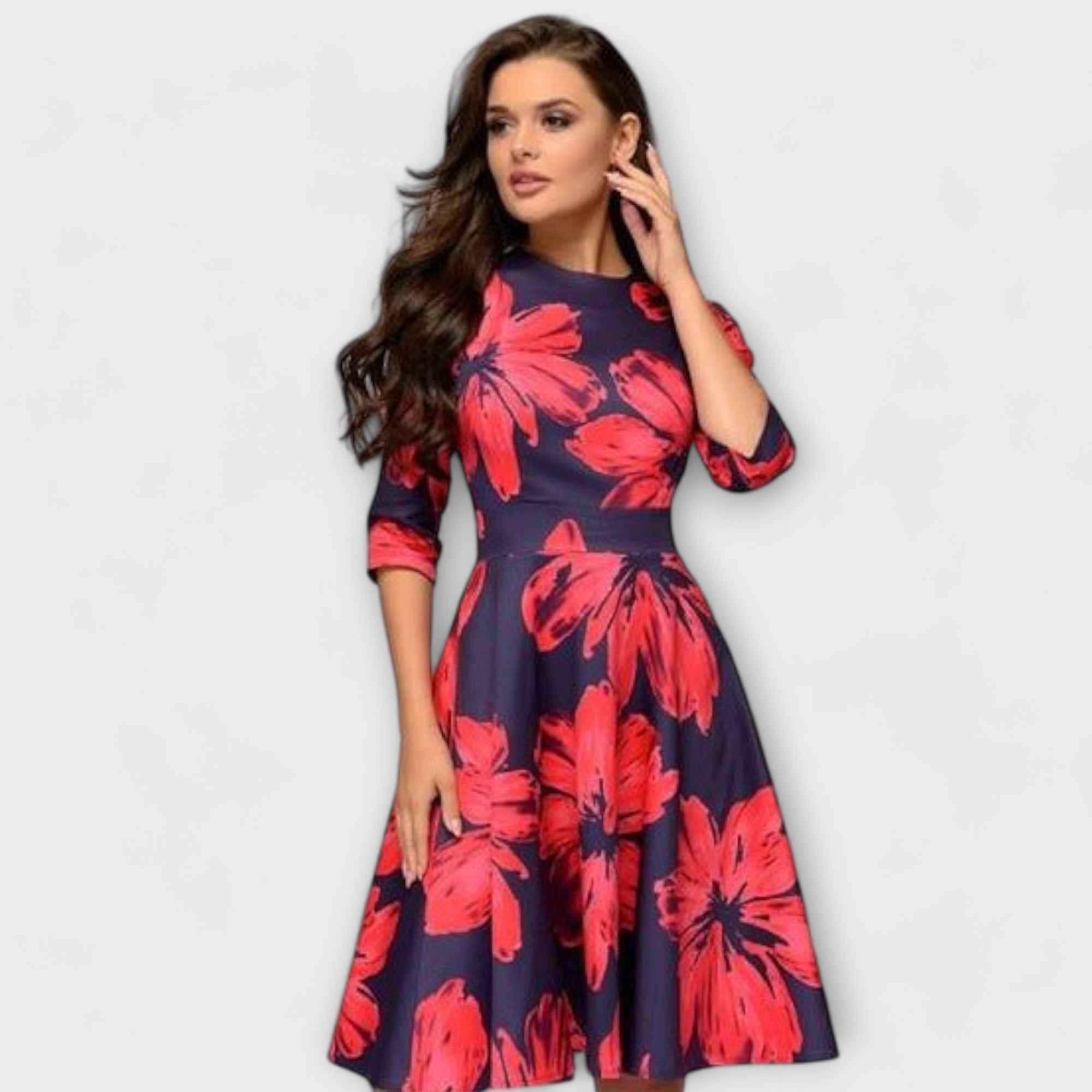 Women’s Knee-Length Dress, Floral & Dragonfly Print, Puff Sleeve, Round Neckline, Tailored Fit, High-Quality Fabric