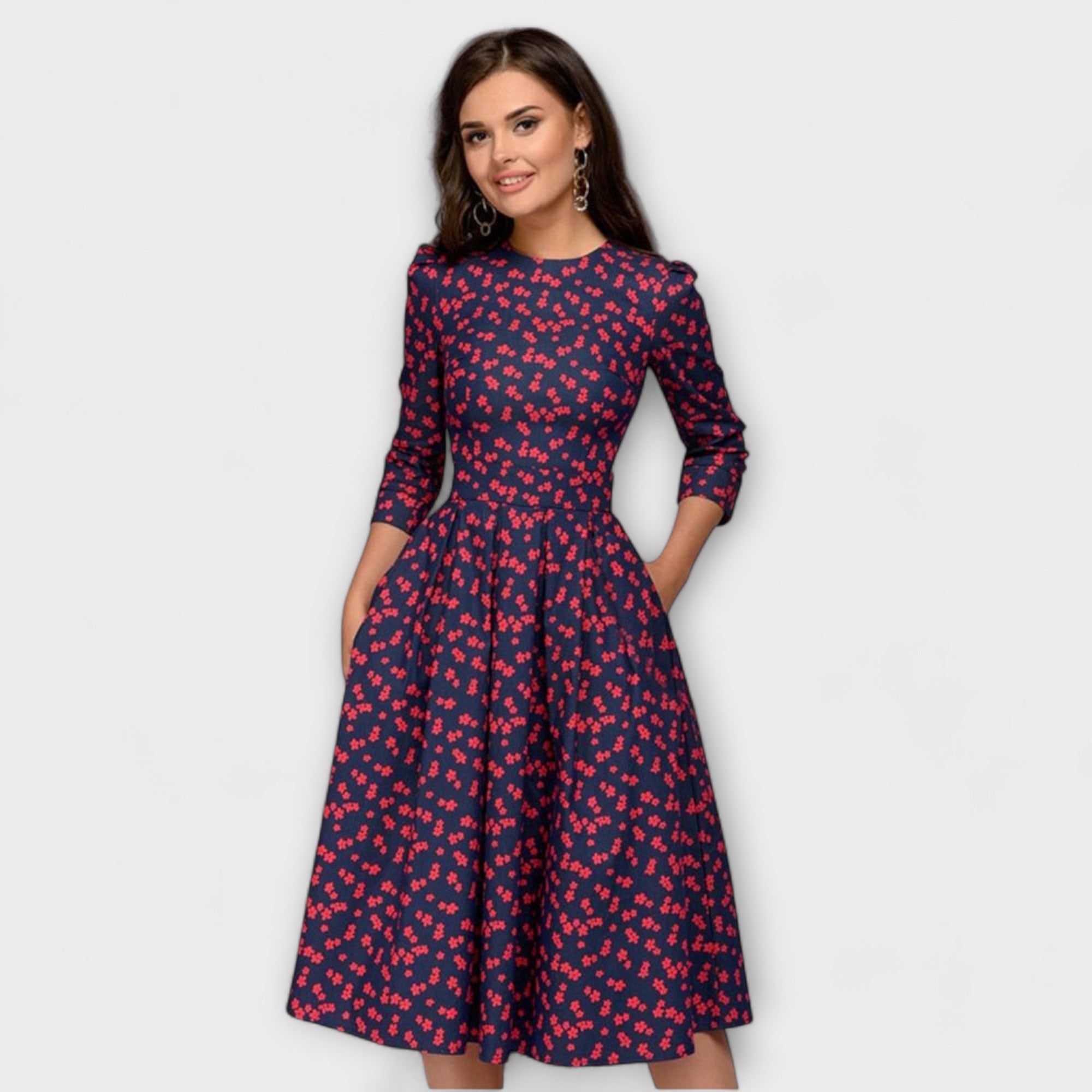 Women’s Knee-Length Dress, Floral & Dragonfly Print, Puff Sleeve, Round Neckline, Tailored Fit, High-Quality Fabric