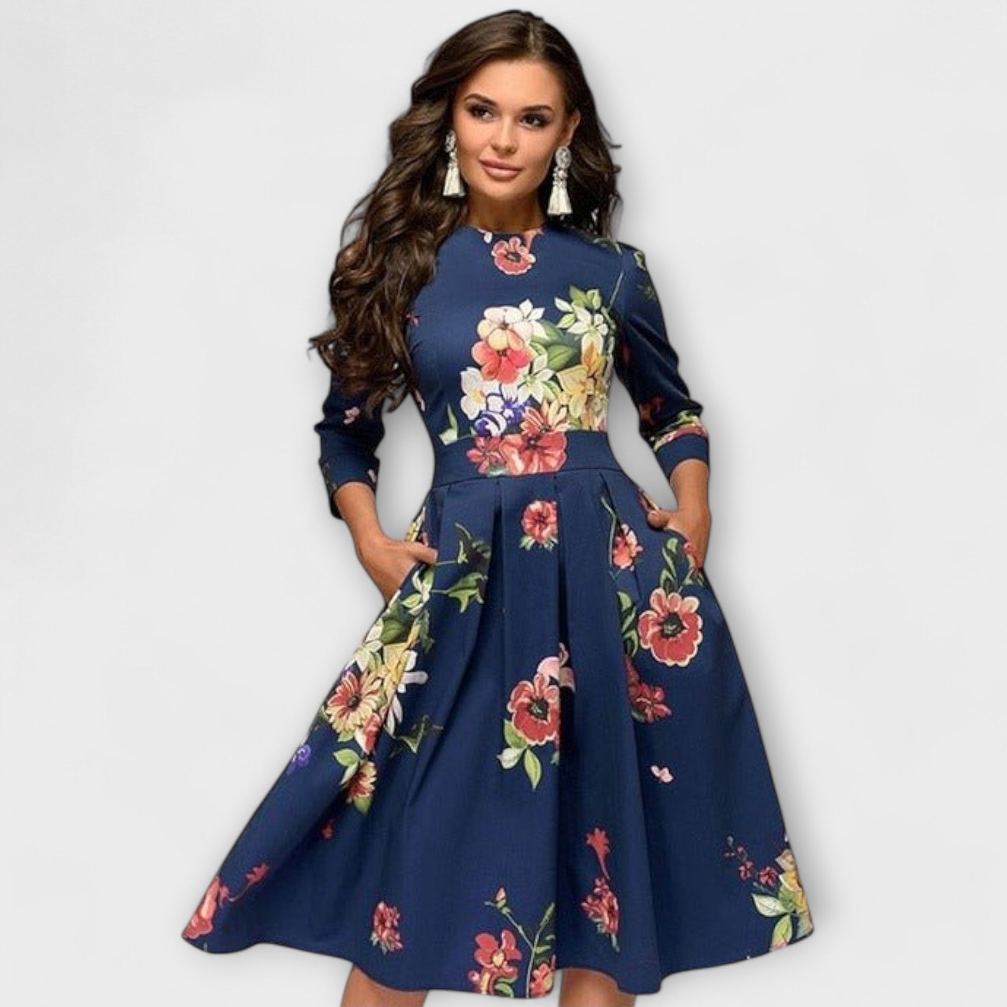 Women’s Knee-Length Dress, Floral & Dragonfly Print, Puff Sleeve, Round Neckline, Tailored Fit, High-Quality Fabric