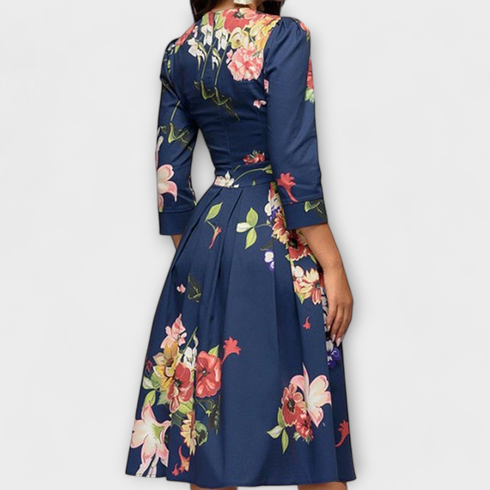 Women’s Knee-Length Dress, Floral & Dragonfly Print, Puff Sleeve, Round Neckline, Tailored Fit, High-Quality Fabric