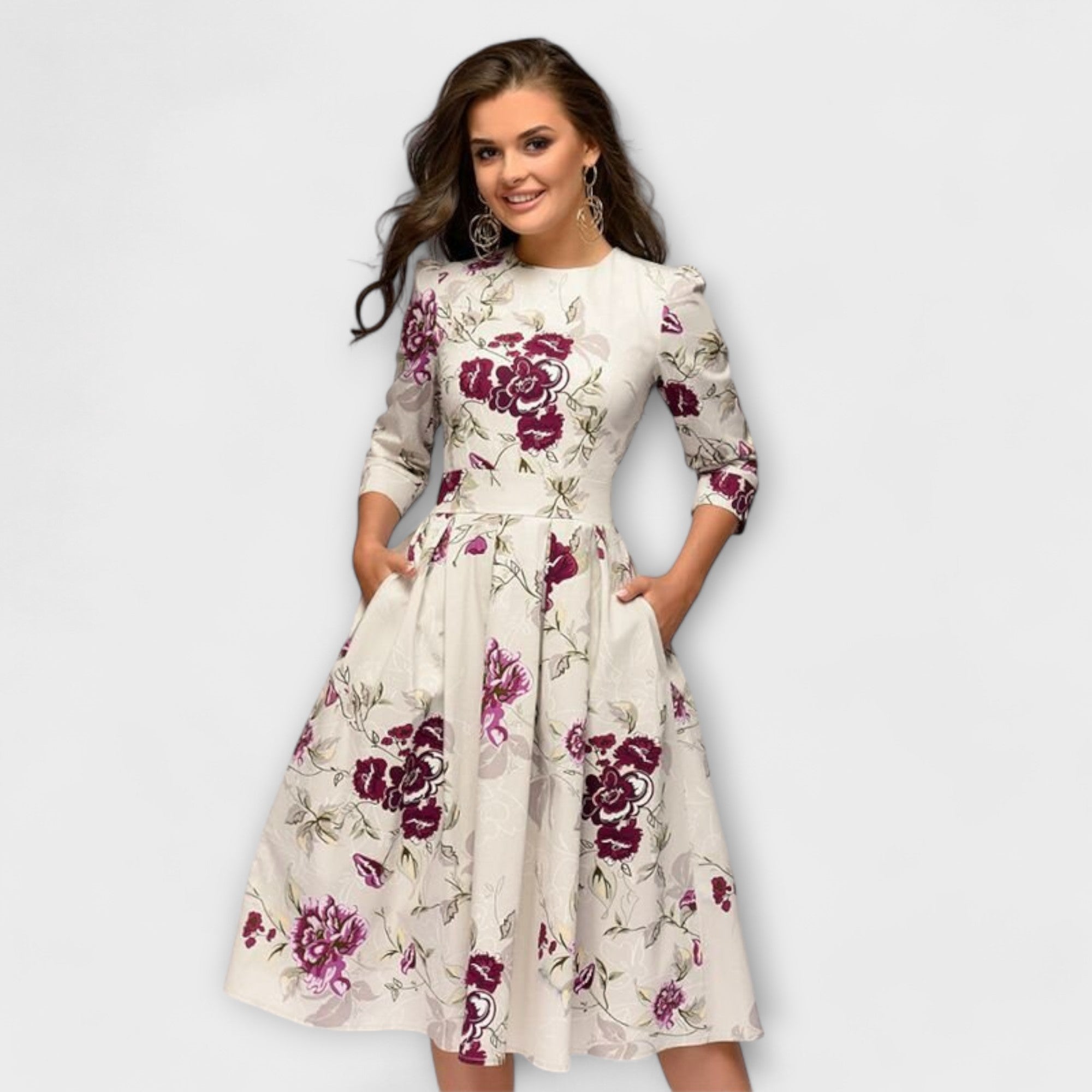 Women’s Knee-Length Dress, Floral & Dragonfly Print, Puff Sleeve, Round Neckline, Tailored Fit, High-Quality Fabric