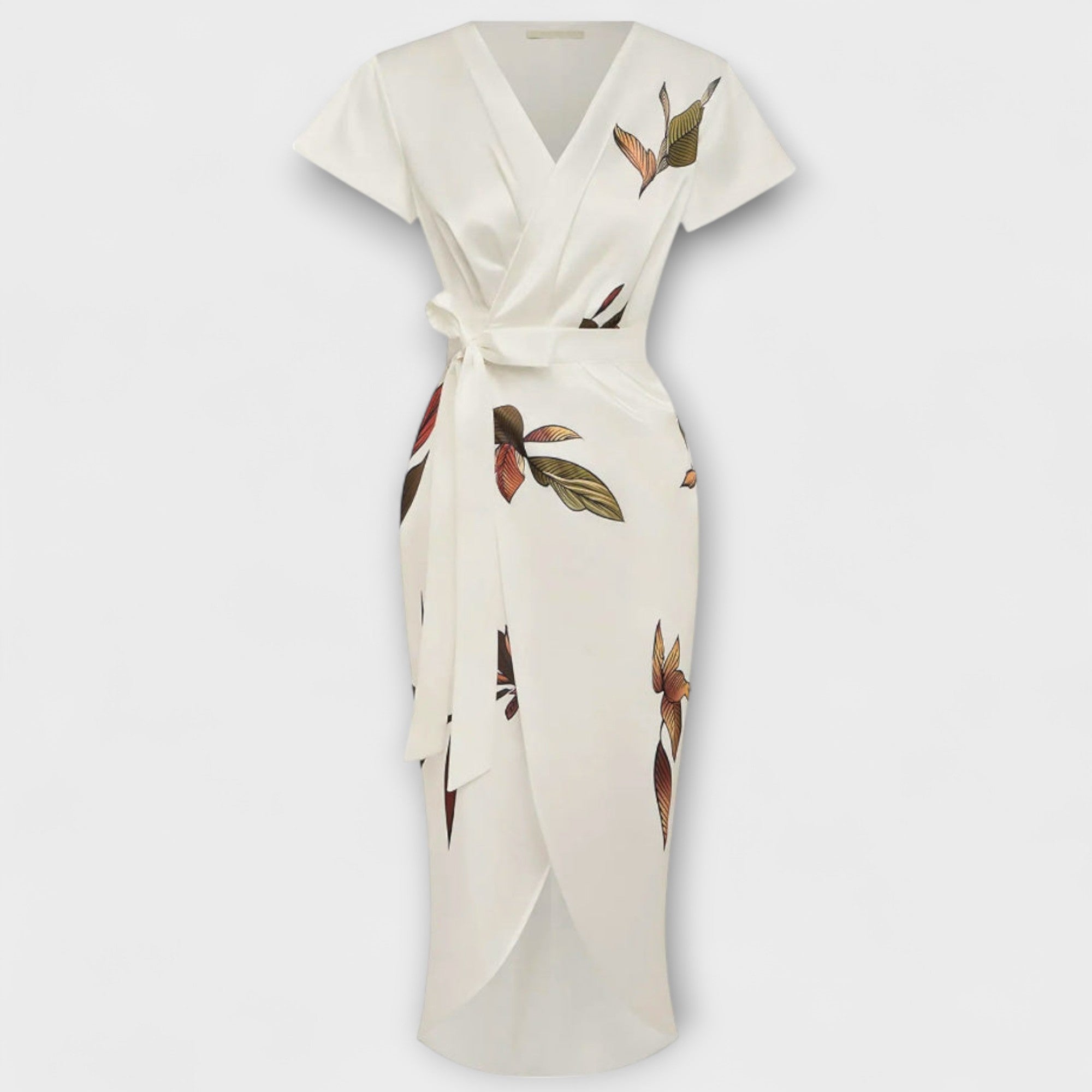 Women’s Leaf Print Sleeveless Midi Dress, V-Neckline, Regular Fit, Polyester, Adjustable Waist Tie, High Slit, Fully Lined