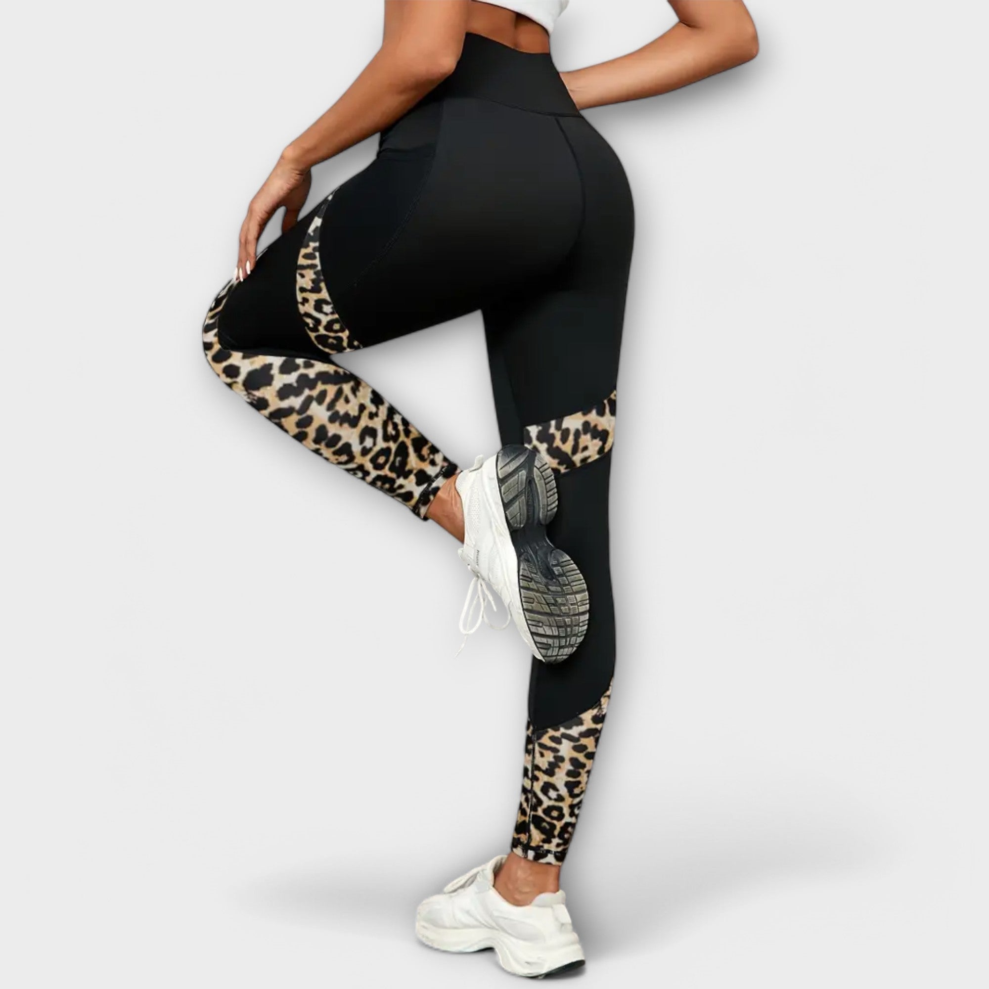 Women’s Leopard Print Ankle-Length Leggings, High Waist, Mesh Panels, Stretch Fabric, Integrated Pocket