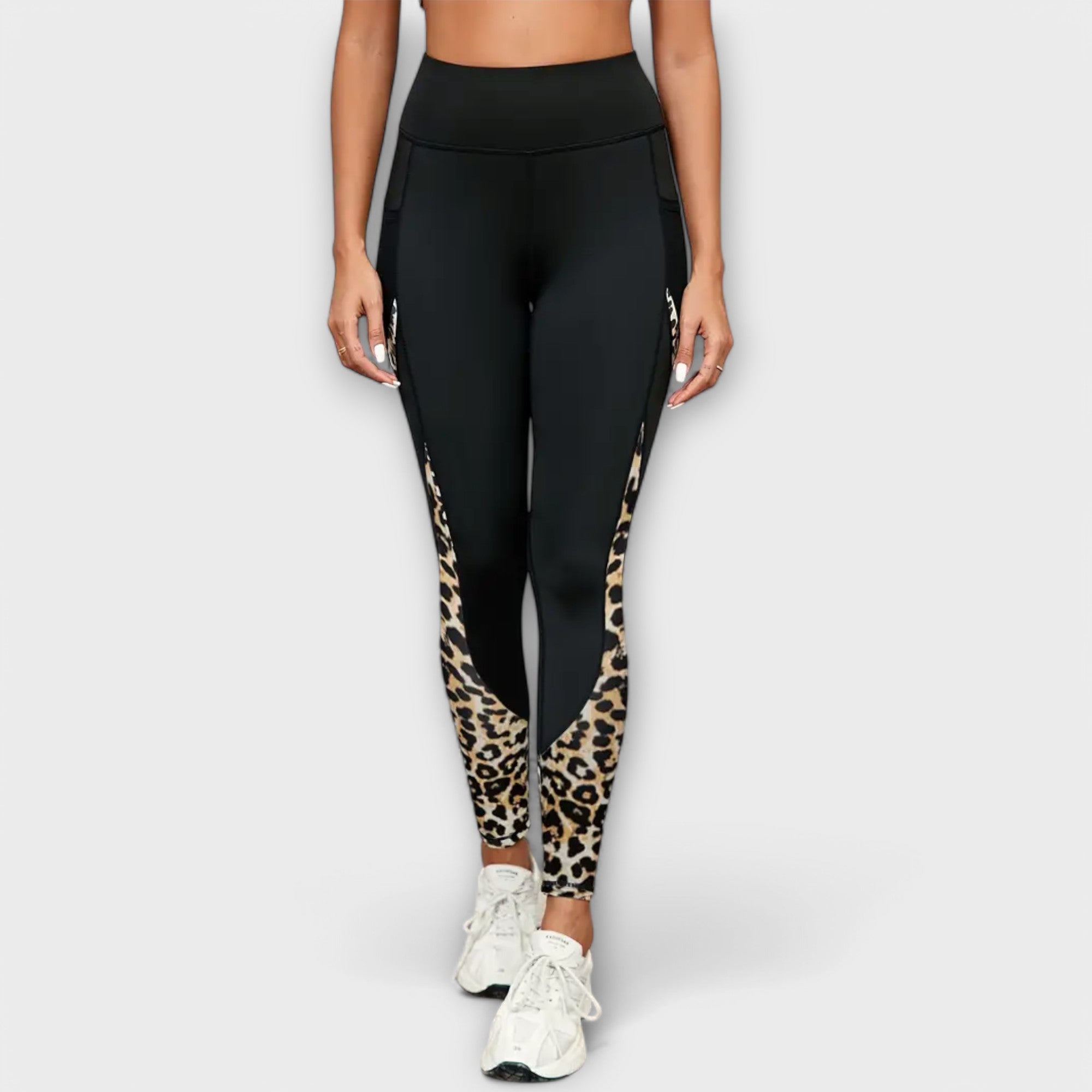 Women’s Leopard Print Ankle-Length Leggings, High Waist, Mesh Panels, Stretch Fabric, Integrated Pocket