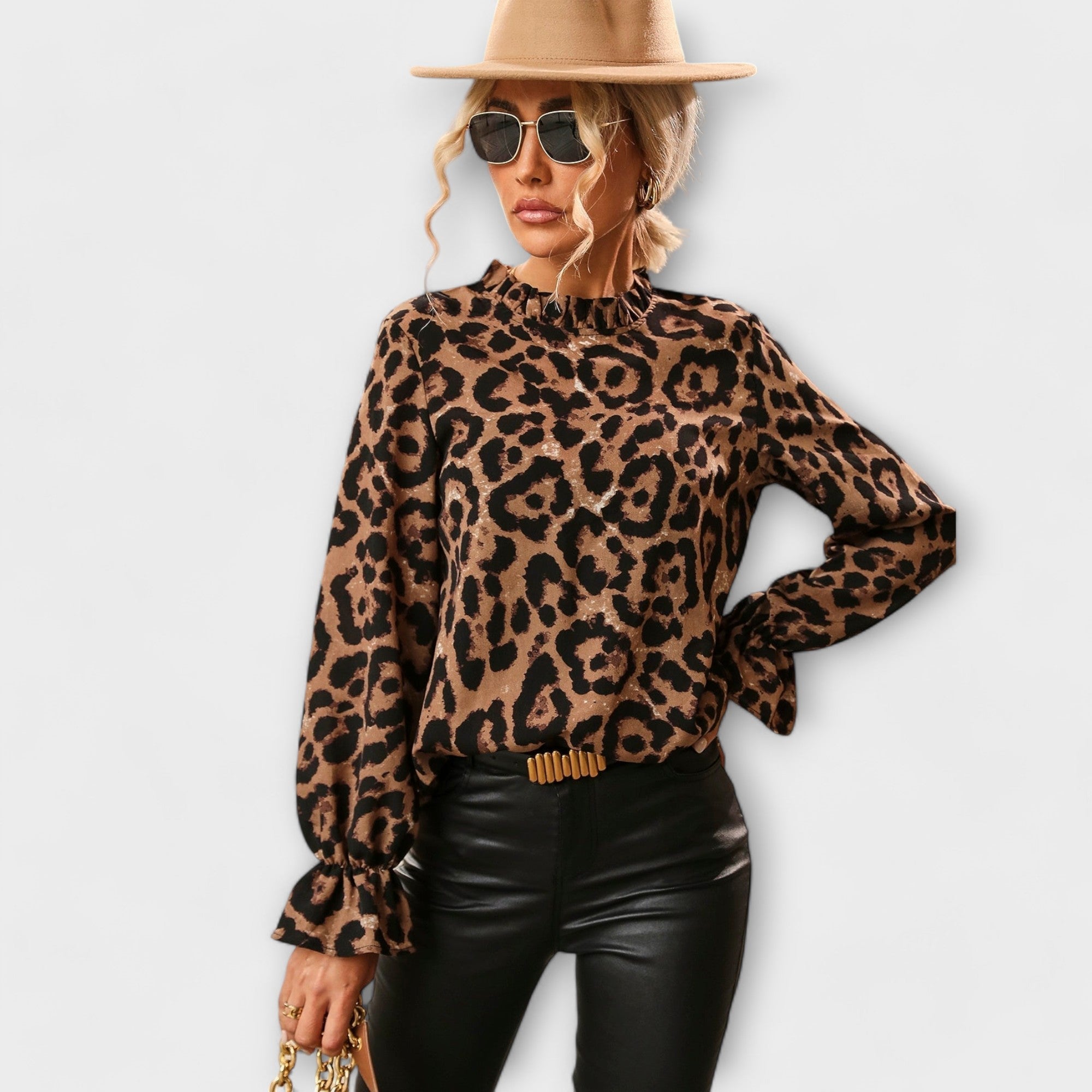 Women’s Leopard Print Blouse, Pleated Collar, Lightweight Breathable Fabric, Comfortable Fit