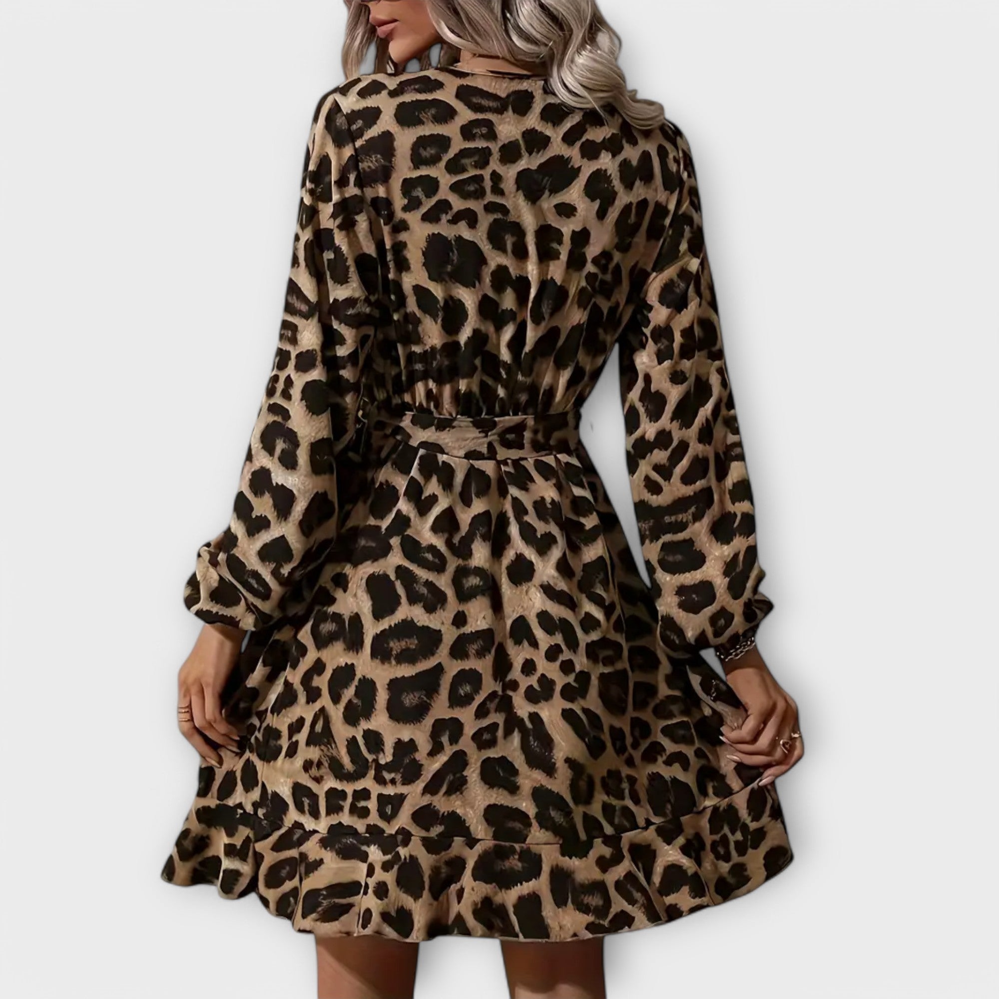 Women’s Leopard Print Dress, Long Sleeve V-Neck, Tie-Waist, Lightweight Breathable Fabric, Ruffled Hem