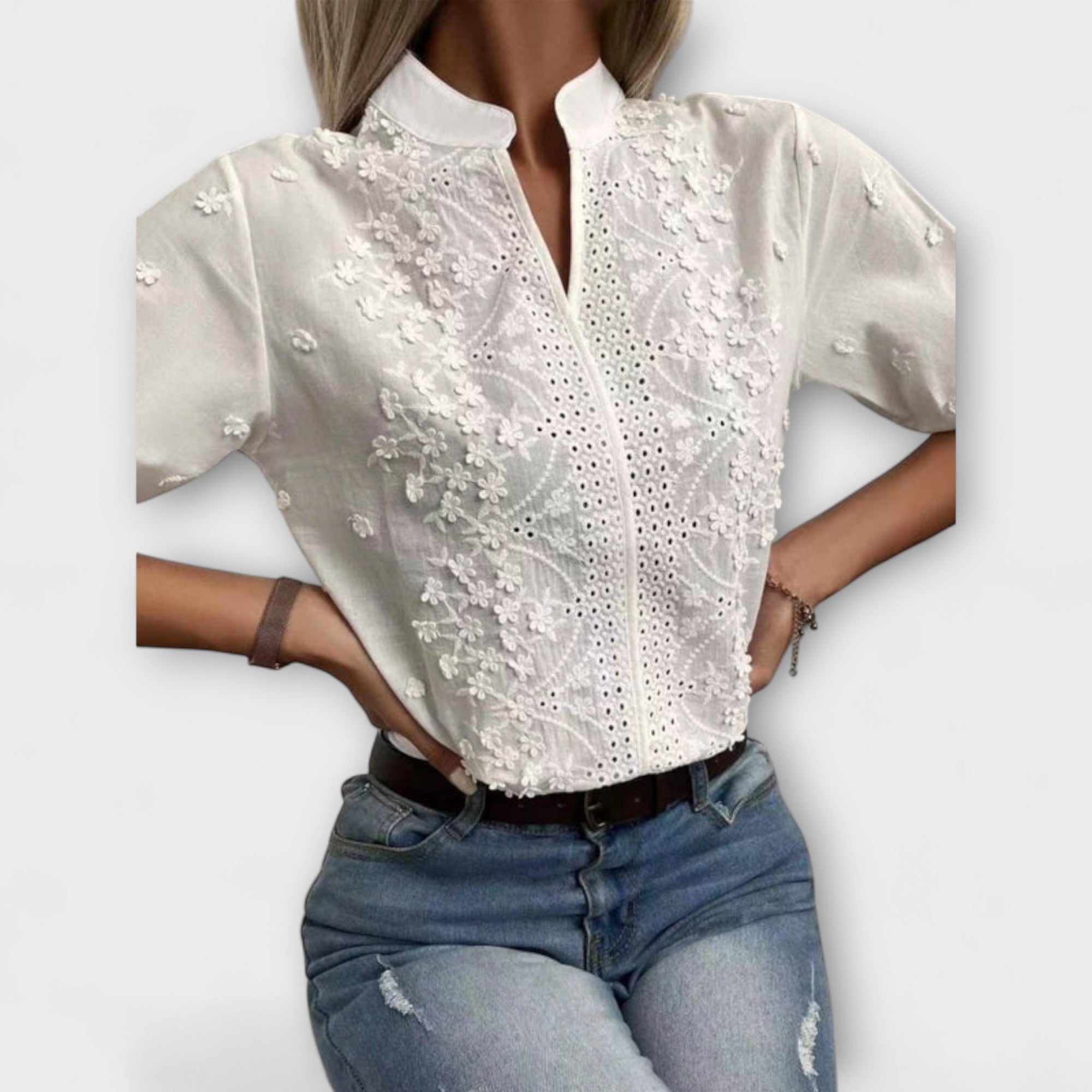 Women’s Lightweight Cotton Blend Blouse, Relaxed Fit, Puff Sleeves, Floral Embroidered Neckline