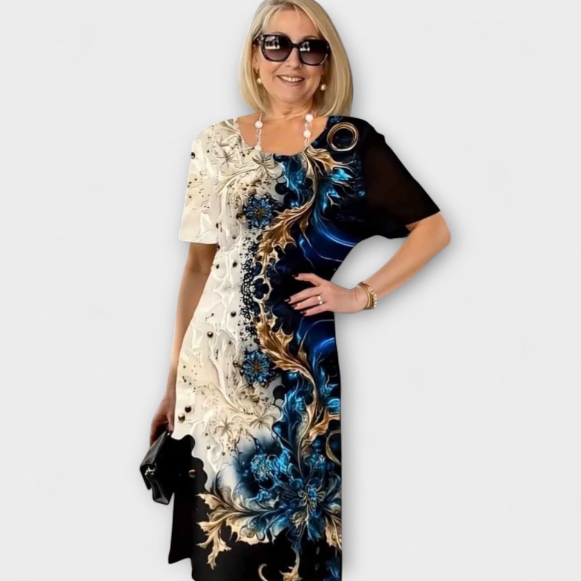 Women’s Lightweight Dress, Short Sleeves, Round Neck, Loose Fit, Breathable Fabric, Flared Hem