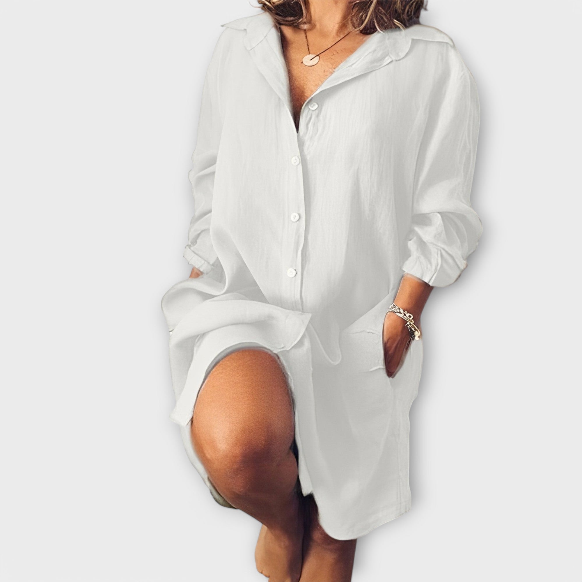 Women’s Linen Blouse, Relaxed Fit, Classic Collar, Chest Pocket, Elongated Back