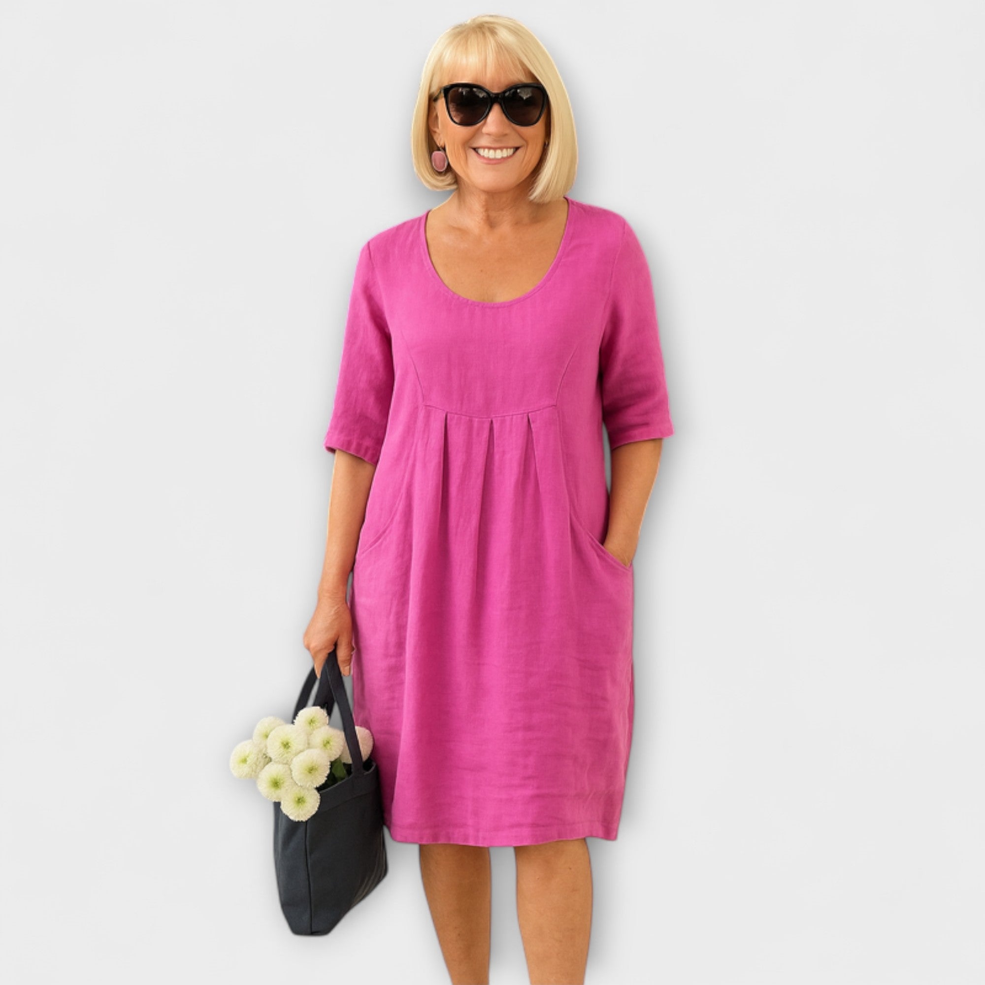 Women’s Linen Knee-Length Dress, Sleeveless, Round Neckline, A-Line Fit, Side Pockets