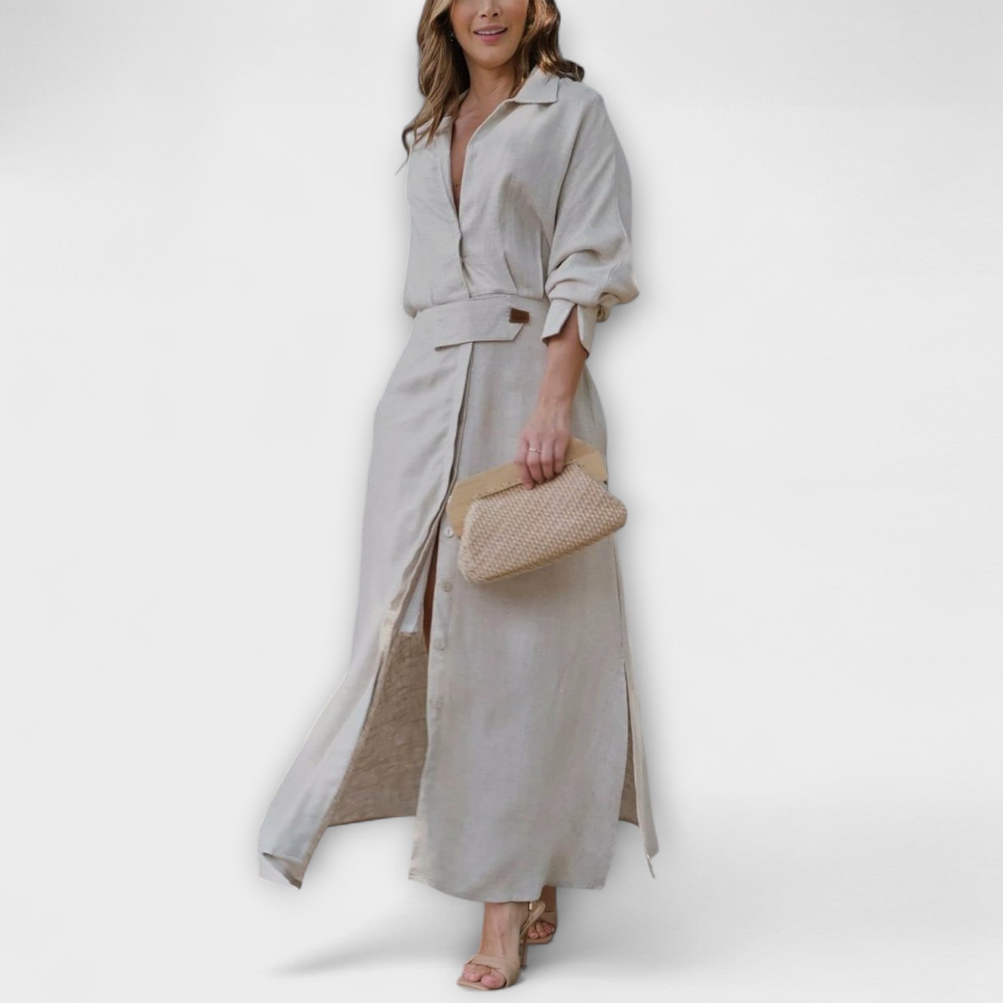 Women’s Linen Maxi Dress, Sleeveless, V-Neckline, Flowy Fit, Breathable Lightweight Fabric