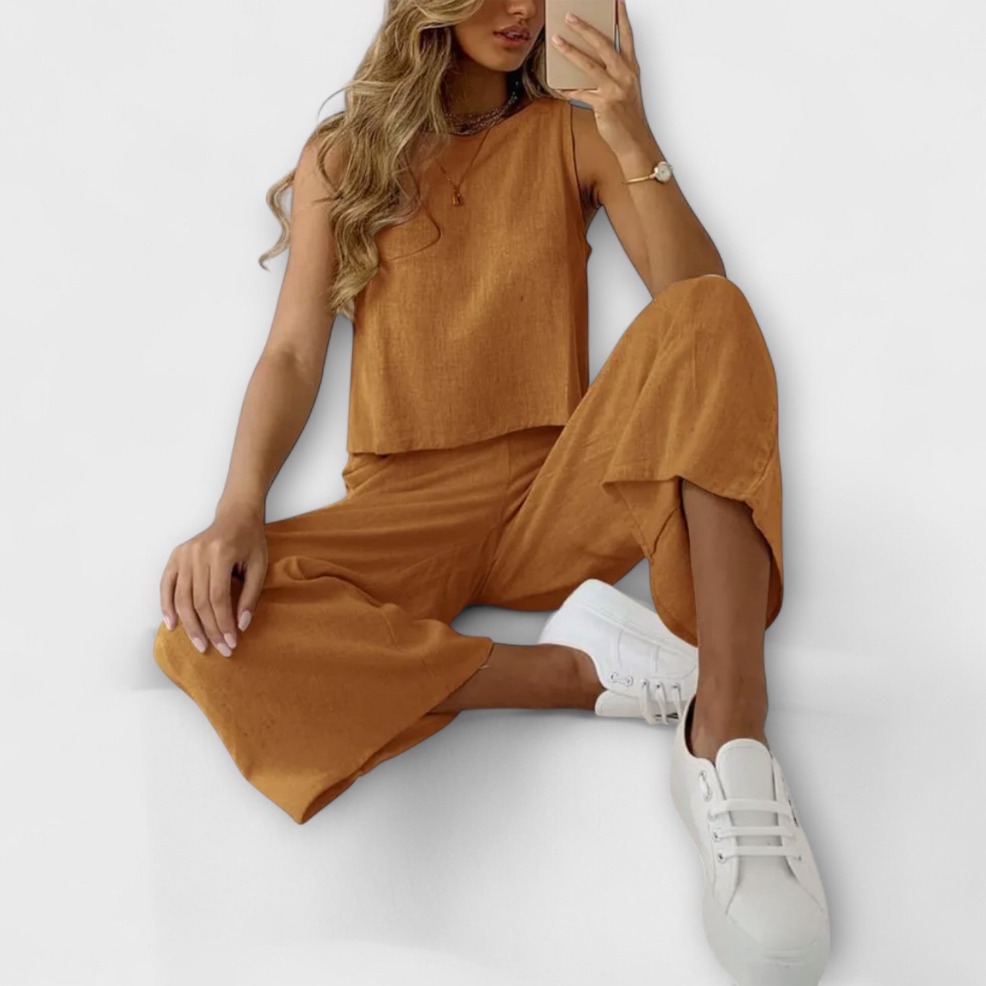 Women’s Linen Two-Piece Set, Breathable Top and Trousers, Soft, Versatile Fit