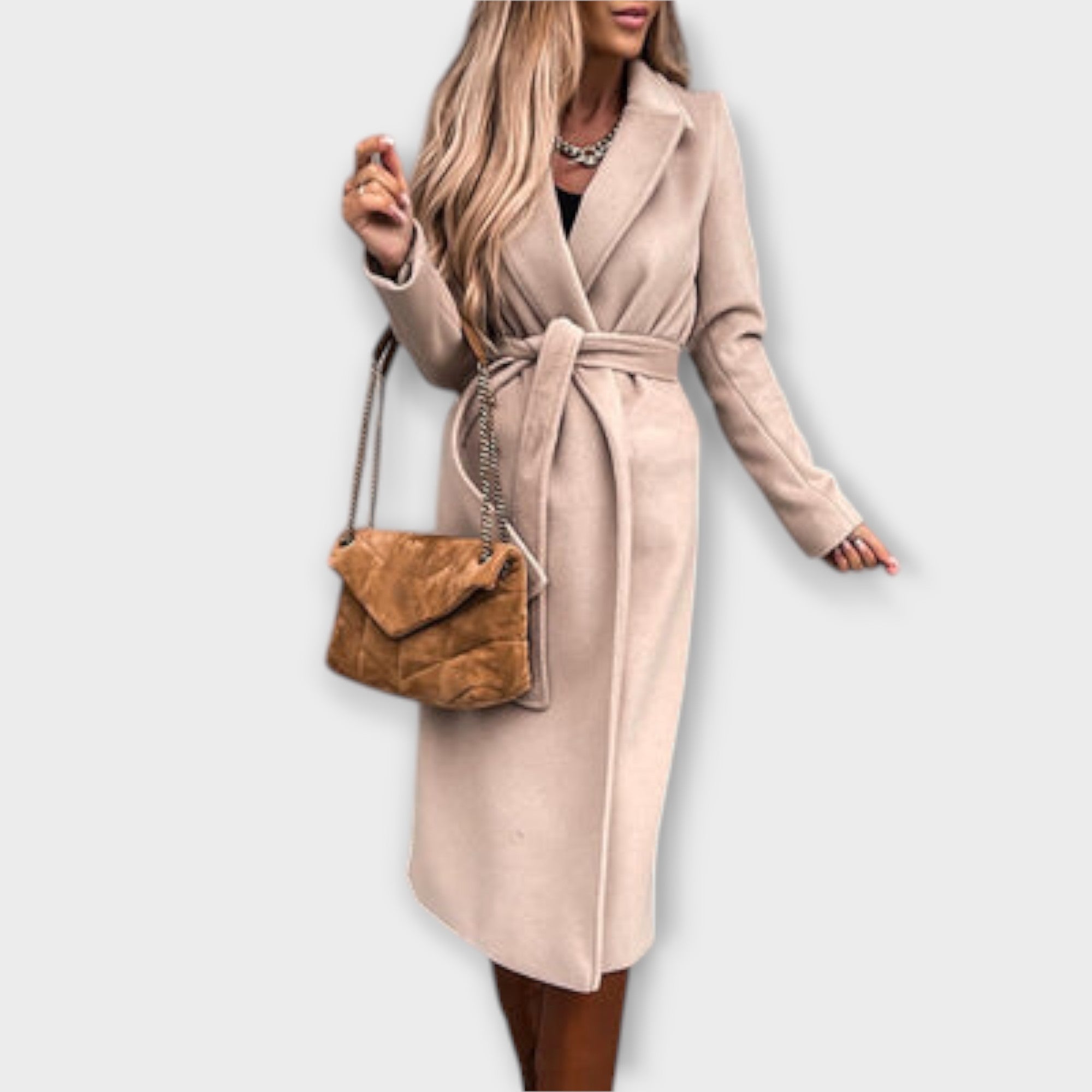 Women’s Long Coat, Tailored Fit, Soft Warm Fabric, Adjustable Waist Belt, Classic Design