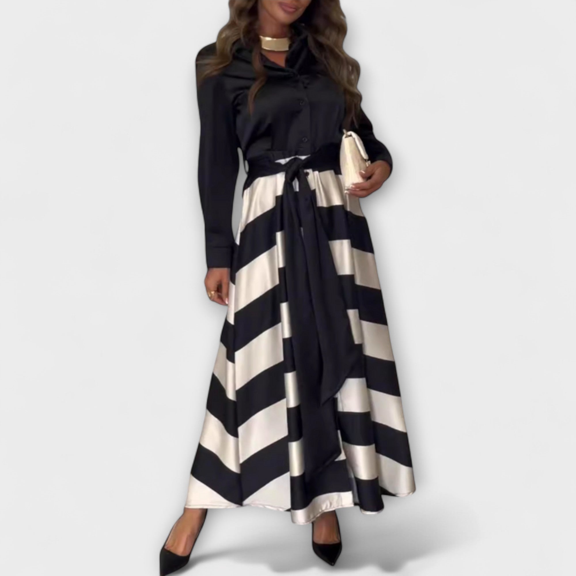 Women’s Long Dress, Sleeveless, Shirt Collar, Button-Down Front, Fitted Waist, Horizontal Stripes, High-Quality Fabric