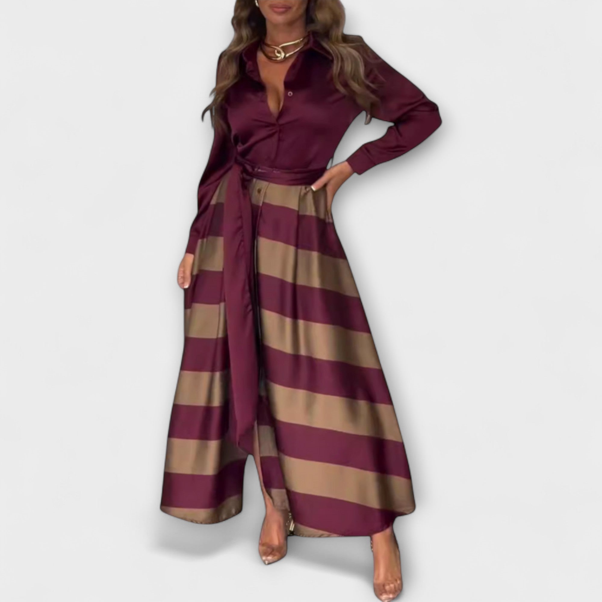 Women’s Long Dress, Sleeveless, Shirt Collar, Button-Down Front, Fitted Waist, Horizontal Stripes, High-Quality Fabric