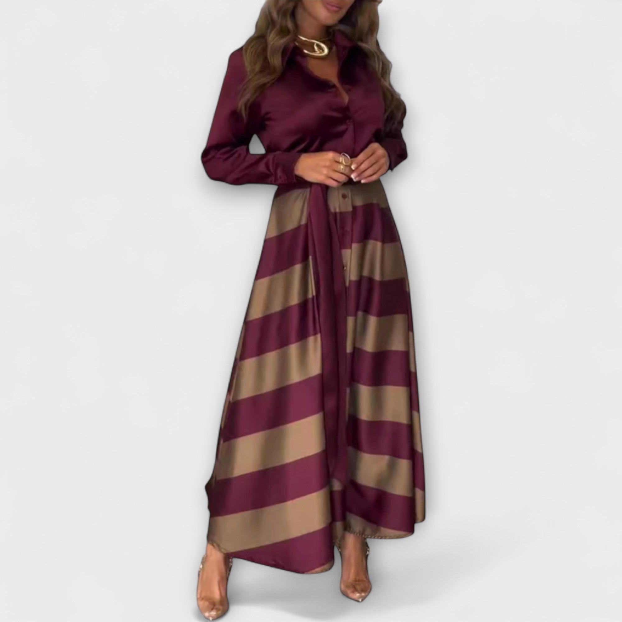 Women’s Long Dress, Sleeveless, Shirt Collar, Button-Down Front, Fitted Waist, Horizontal Stripes, High-Quality Fabric