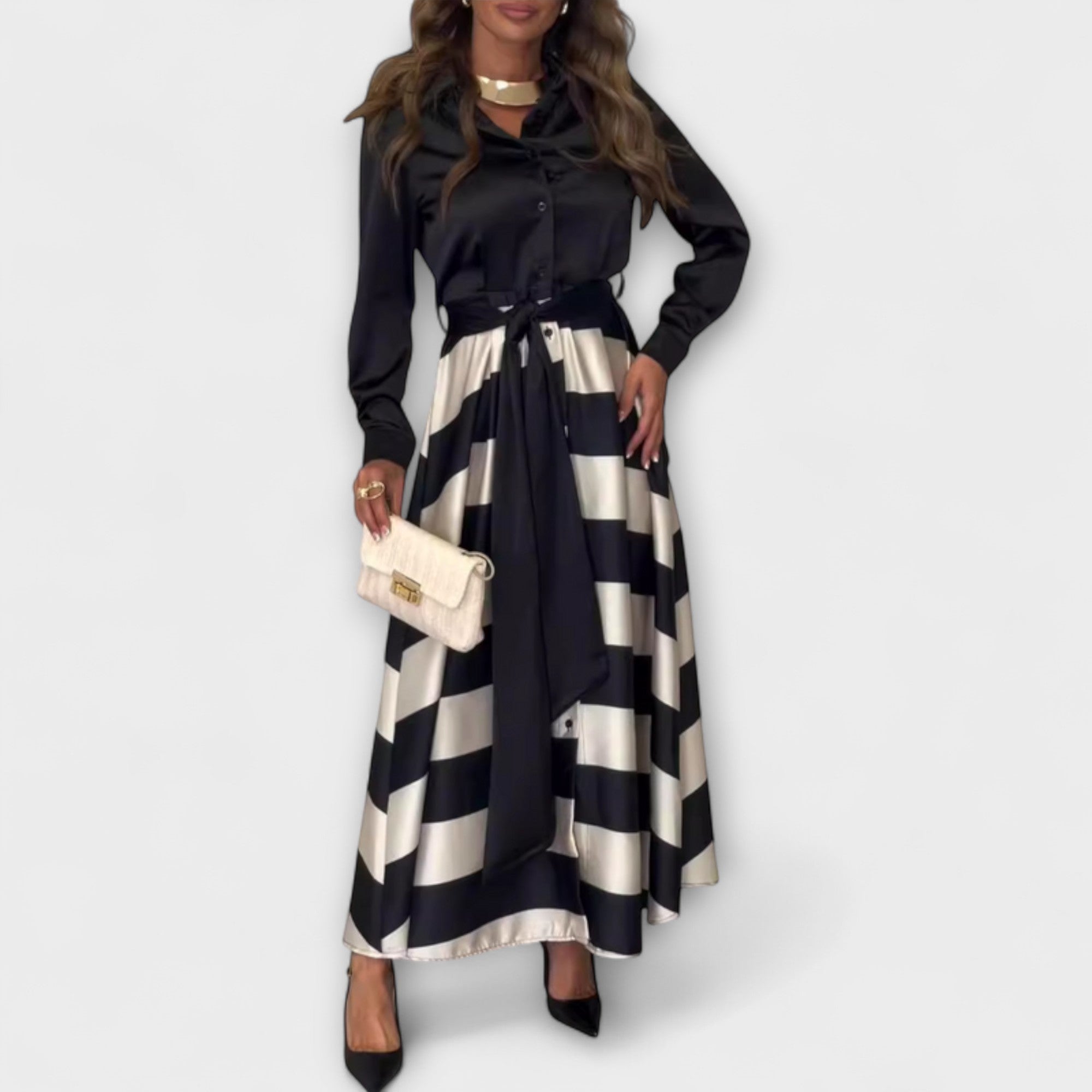 Women’s Long Dress, Sleeveless, Shirt Collar, Button-Down Front, Fitted Waist, Horizontal Stripes, High-Quality Fabric