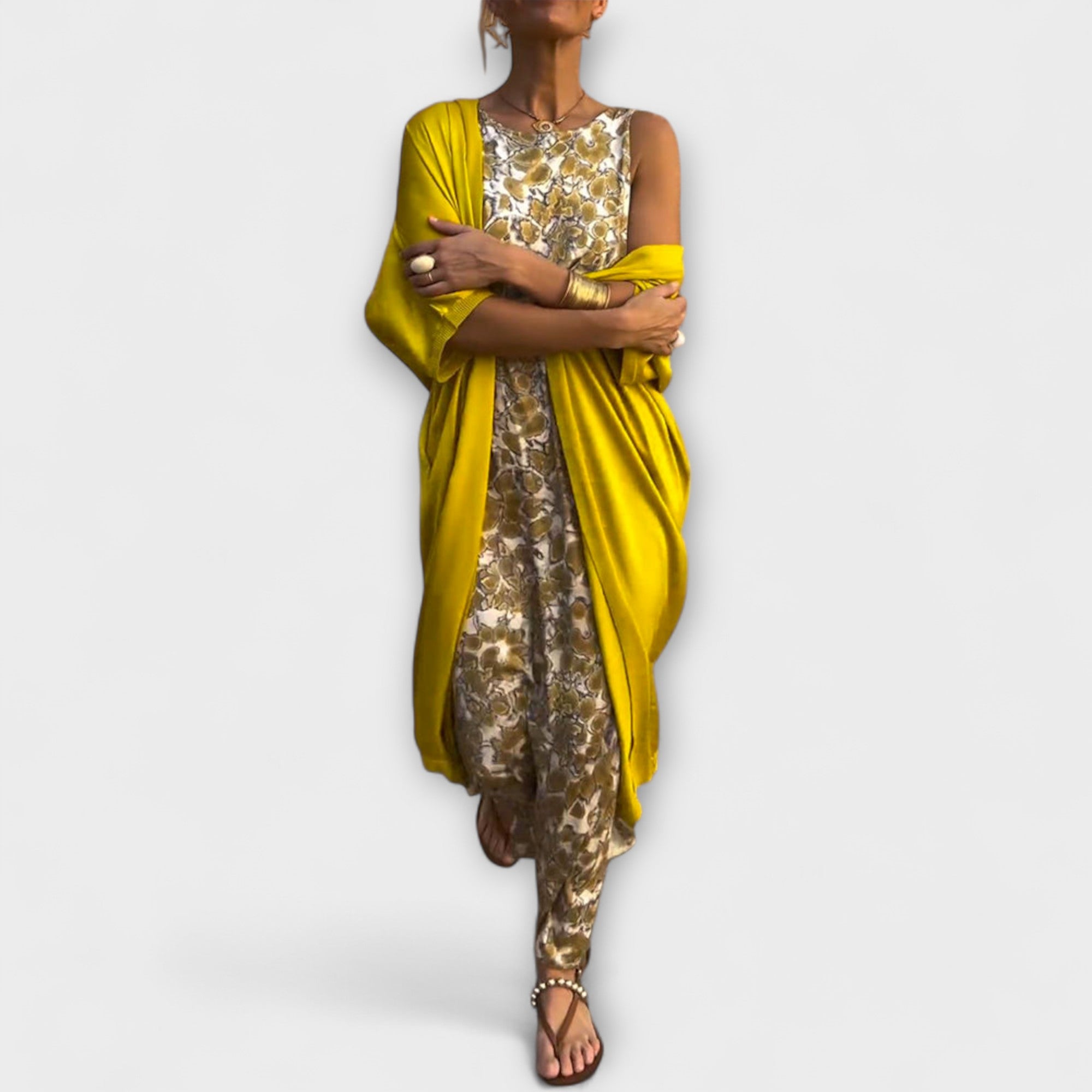 Women’s Long Dress Two-Piece Set, Three-Quarter Sleeve, Round Neckline, Lightweight, Comfortable Fit