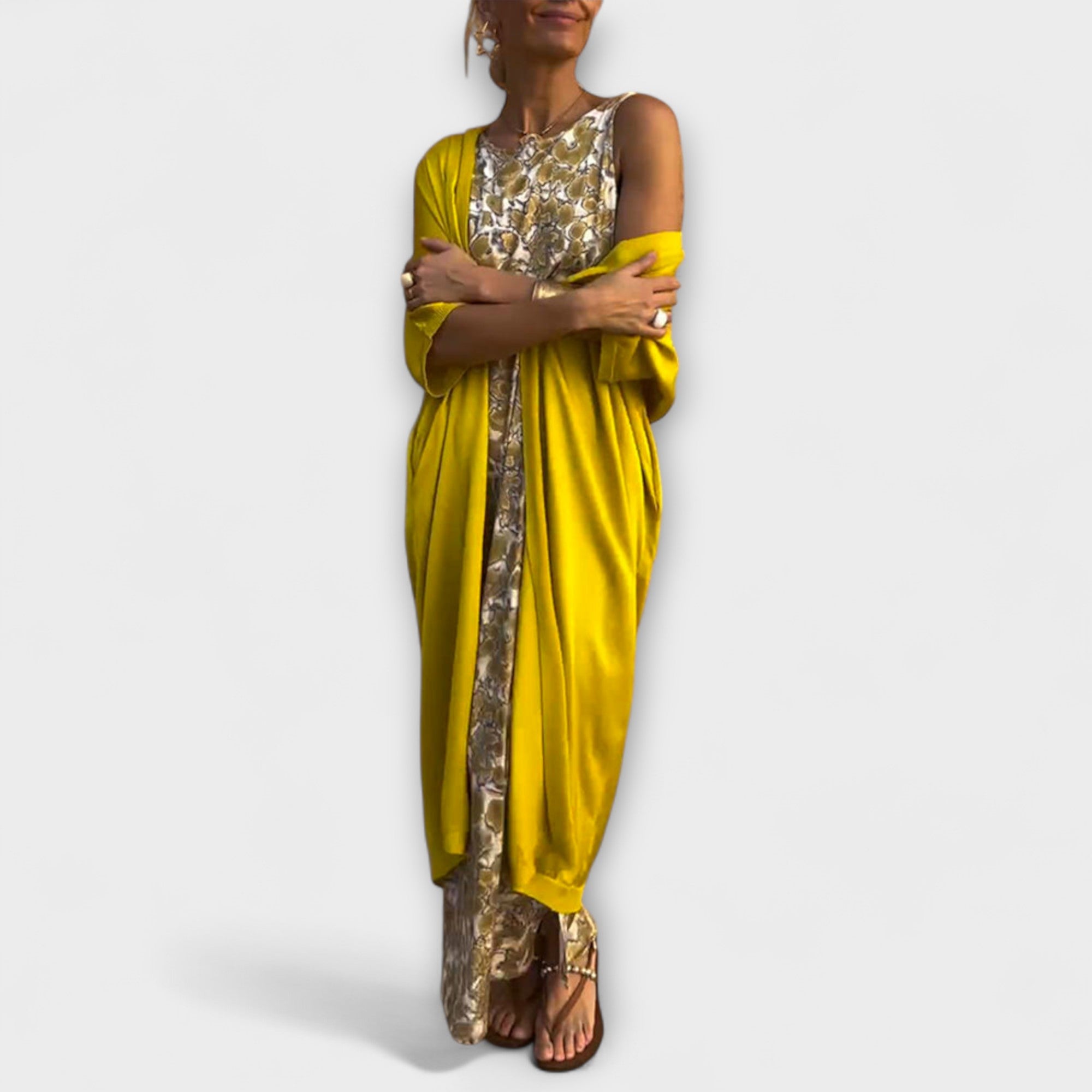 Women’s Long Dress Two-Piece Set, Three-Quarter Sleeve, Round Neckline, Lightweight, Comfortable Fit