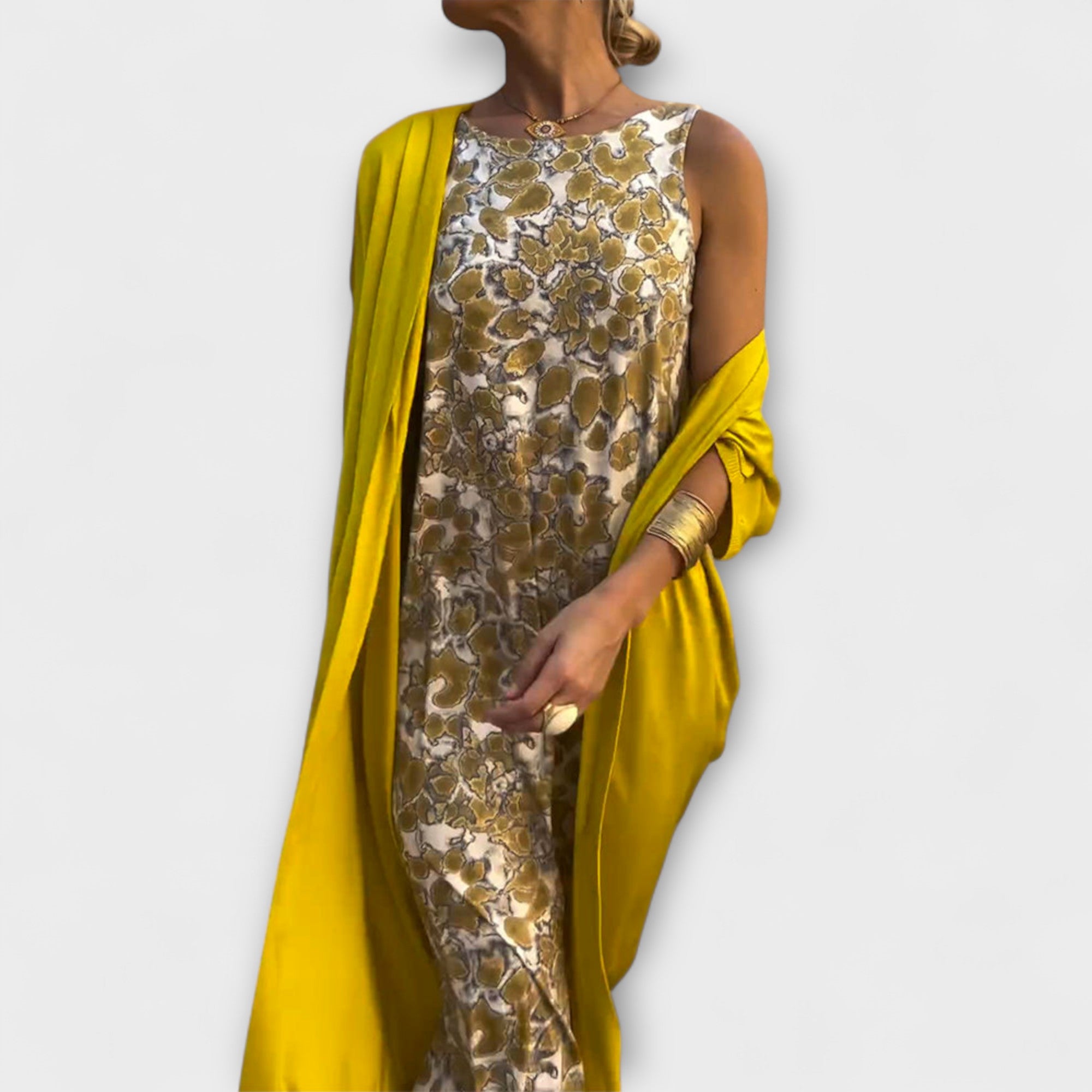 Women’s Long Dress Two-Piece Set, Three-Quarter Sleeve, Round Neckline, Lightweight, Comfortable Fit