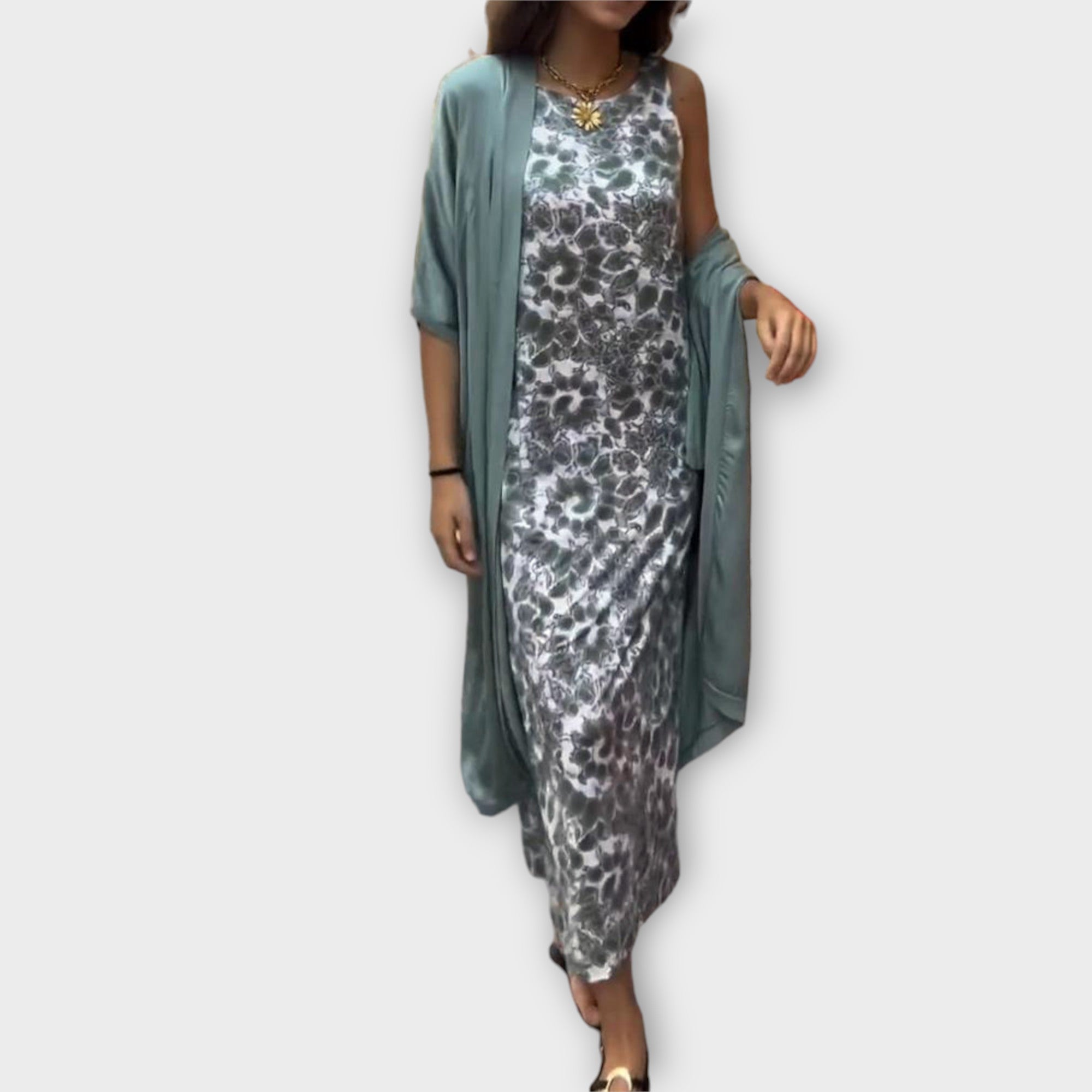 Women’s Long Dress Two-Piece Set, Three-Quarter Sleeve, Round Neckline, Lightweight, Comfortable Fit