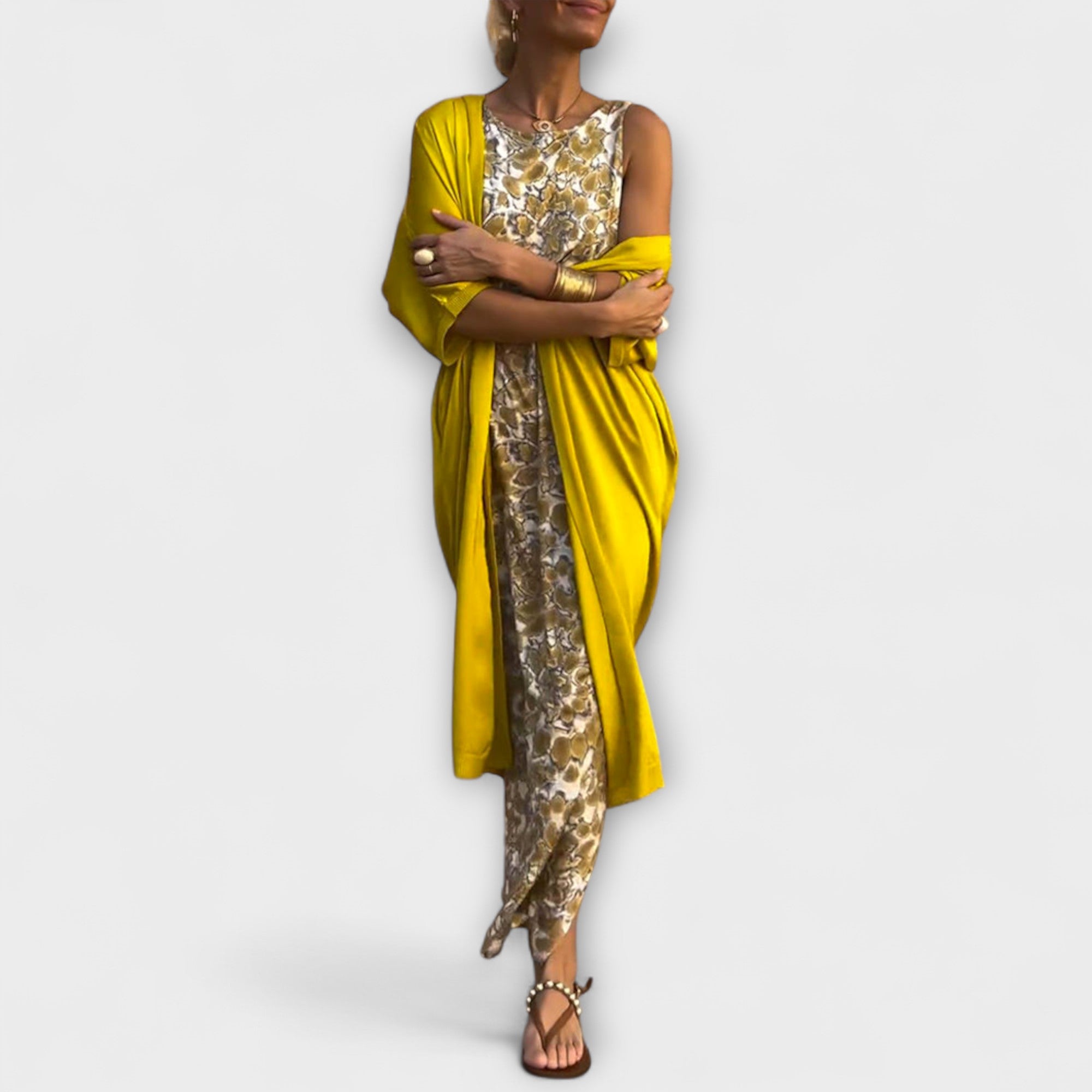 Women’s Long Dress Two-Piece Set, Three-Quarter Sleeve, Round Neckline, Lightweight, Comfortable Fit