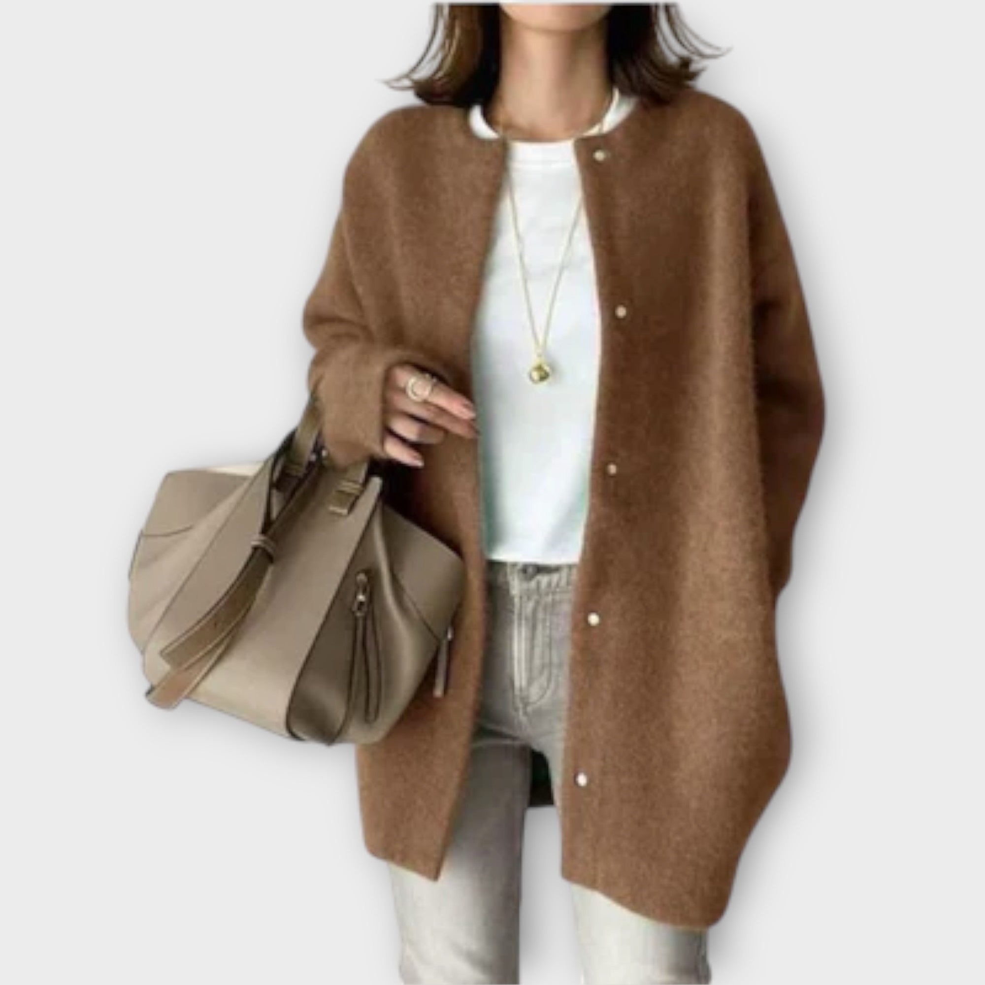 Women’s Long Knit Cotton Cardigan, Neutral Color, Open Front, Relaxed Fit