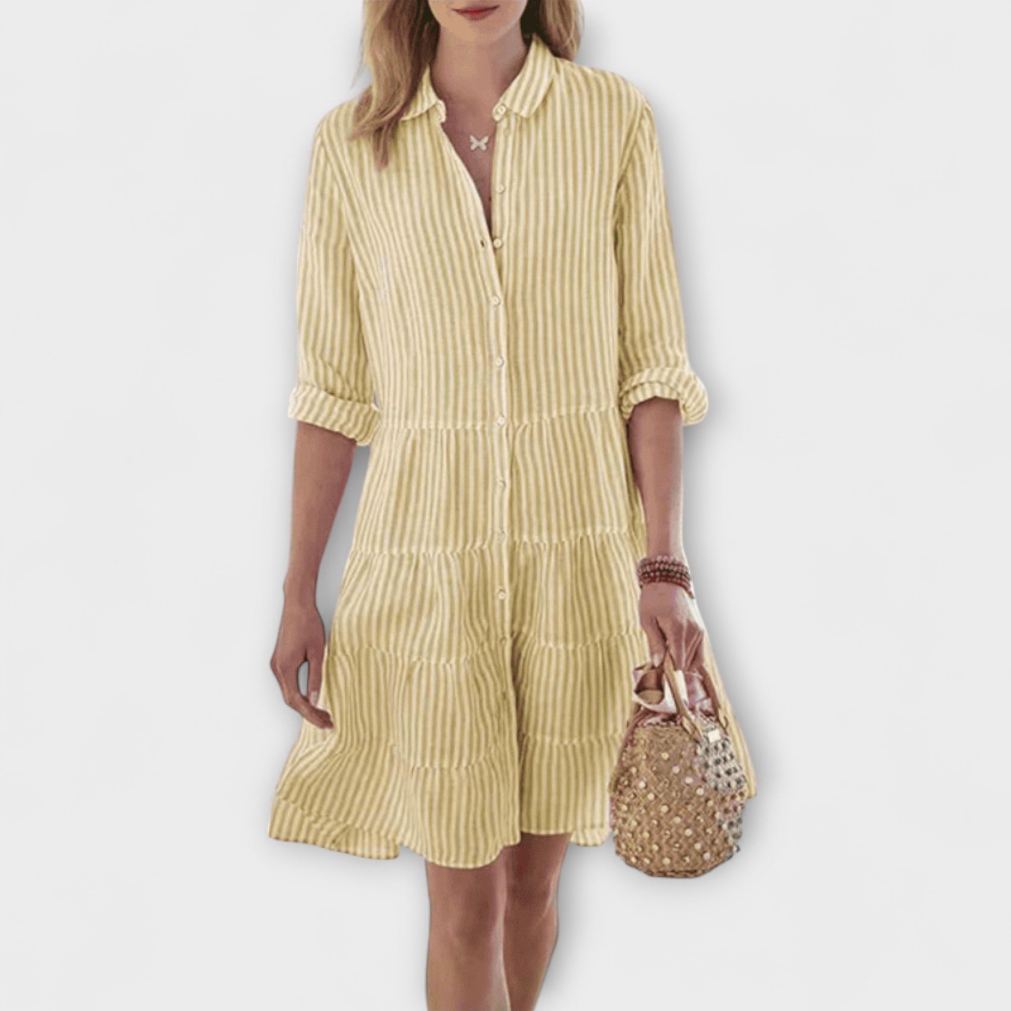 Women’s Long Sleeve A-Line Dress, Neutral Vertical Stripe, Lightweight Woven Fabric, Crew Neck, Long Length