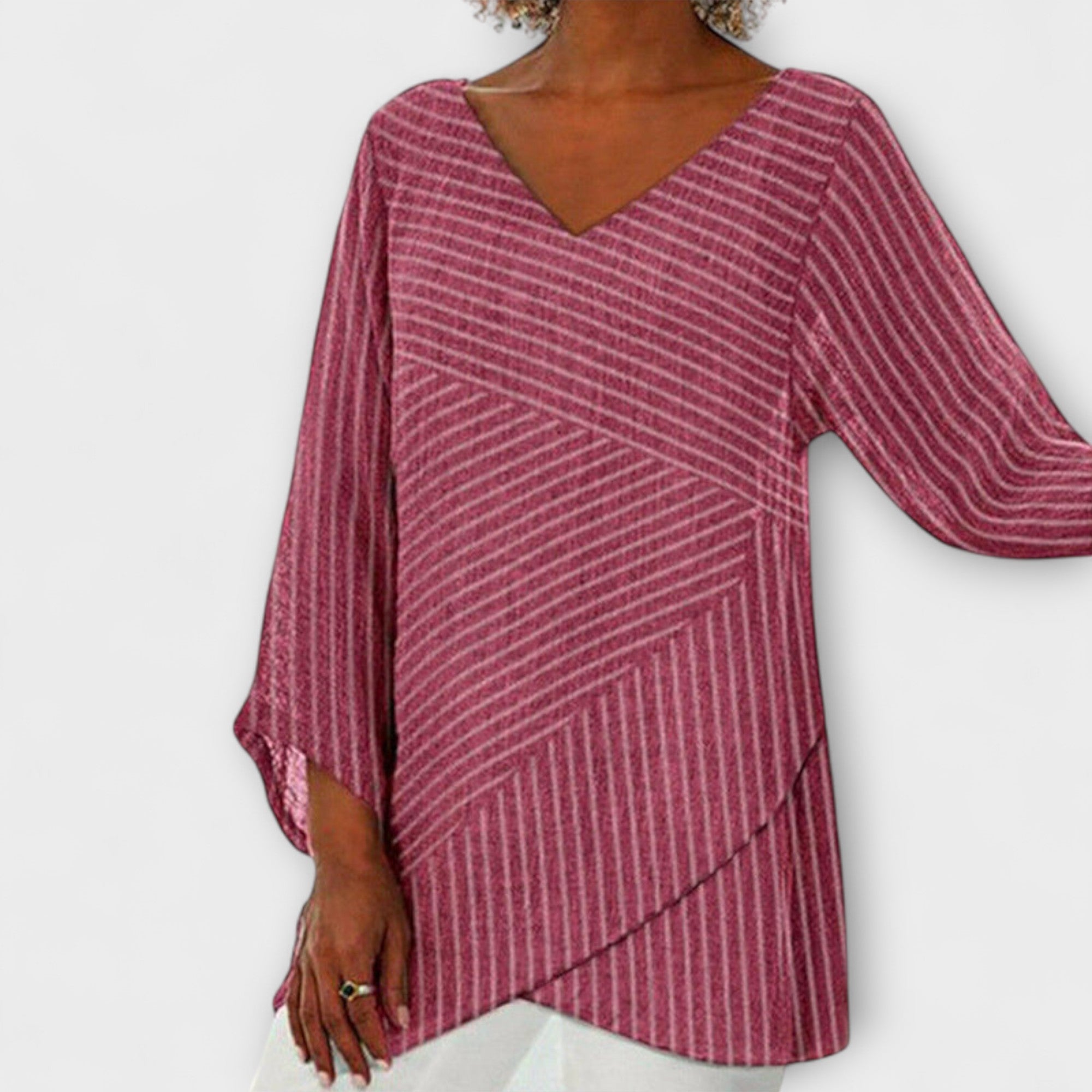 Women’s Long-Sleeve Top, V-Neck, Relaxed Fit, Asymmetrical Draped Hem, Diagonal Stripe Pattern
