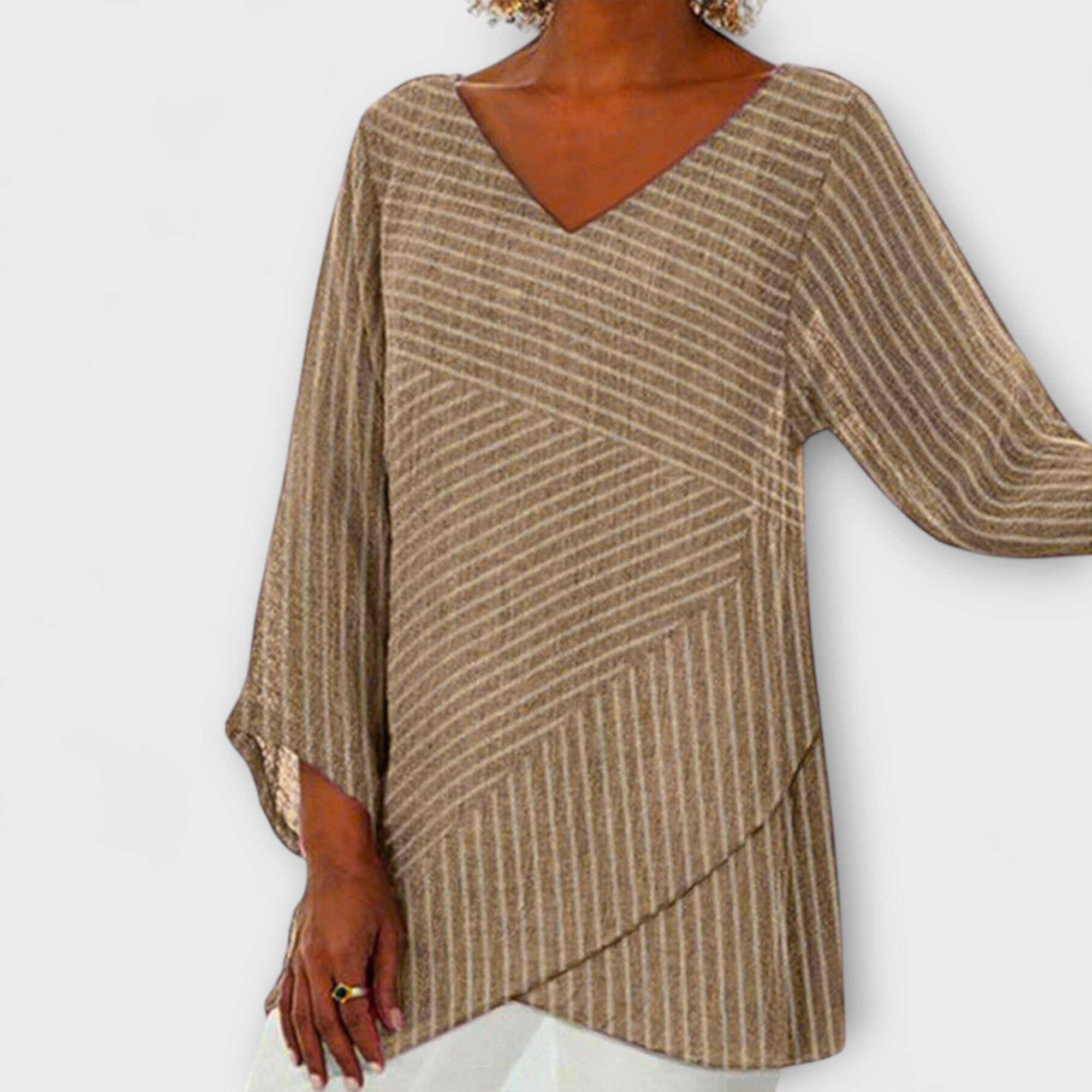 Women’s Long-Sleeve Top, V-Neck, Relaxed Fit, Asymmetrical Draped Hem, Diagonal Stripe Pattern