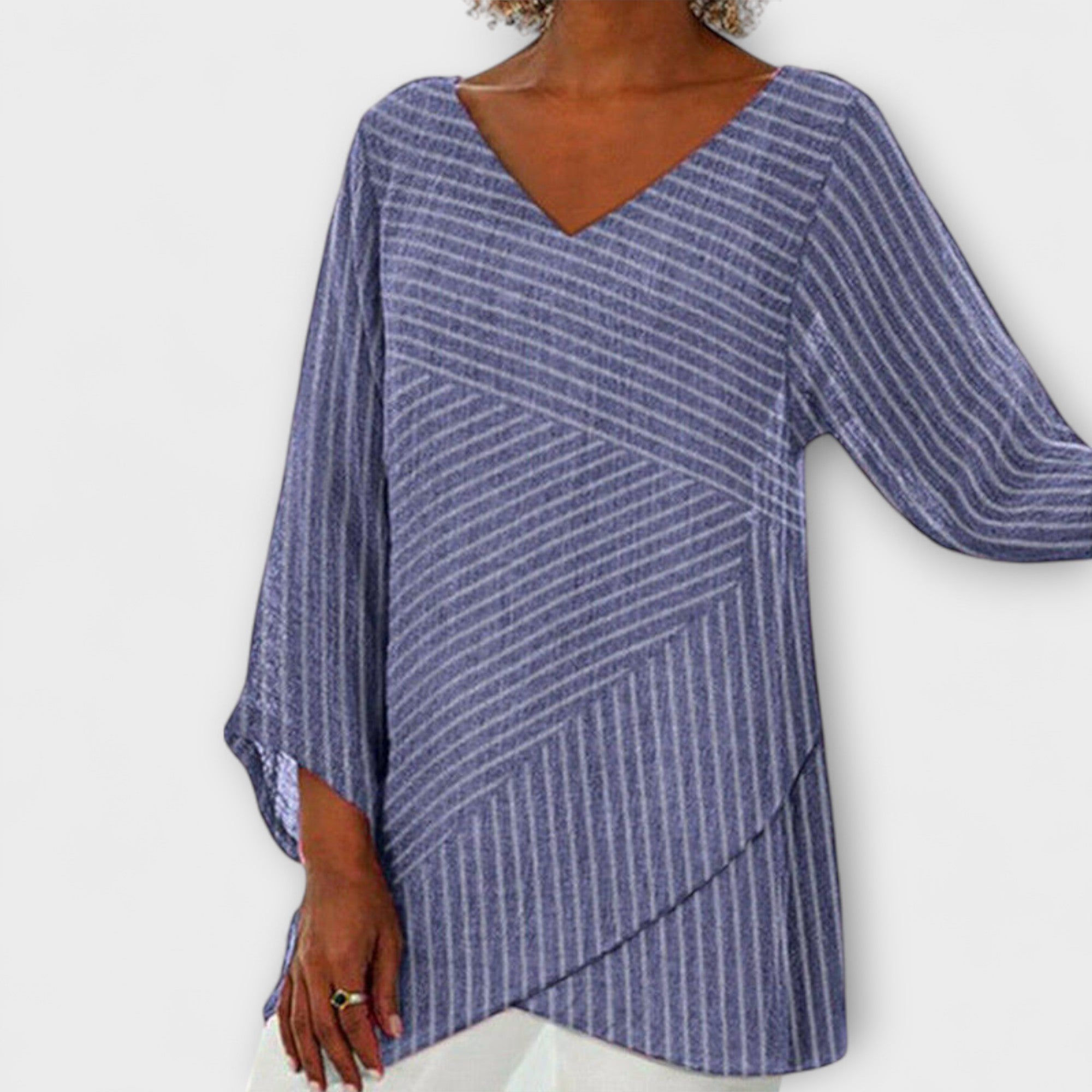 Women’s Long-Sleeve Top, V-Neck, Relaxed Fit, Asymmetrical Draped Hem, Diagonal Stripe Pattern
