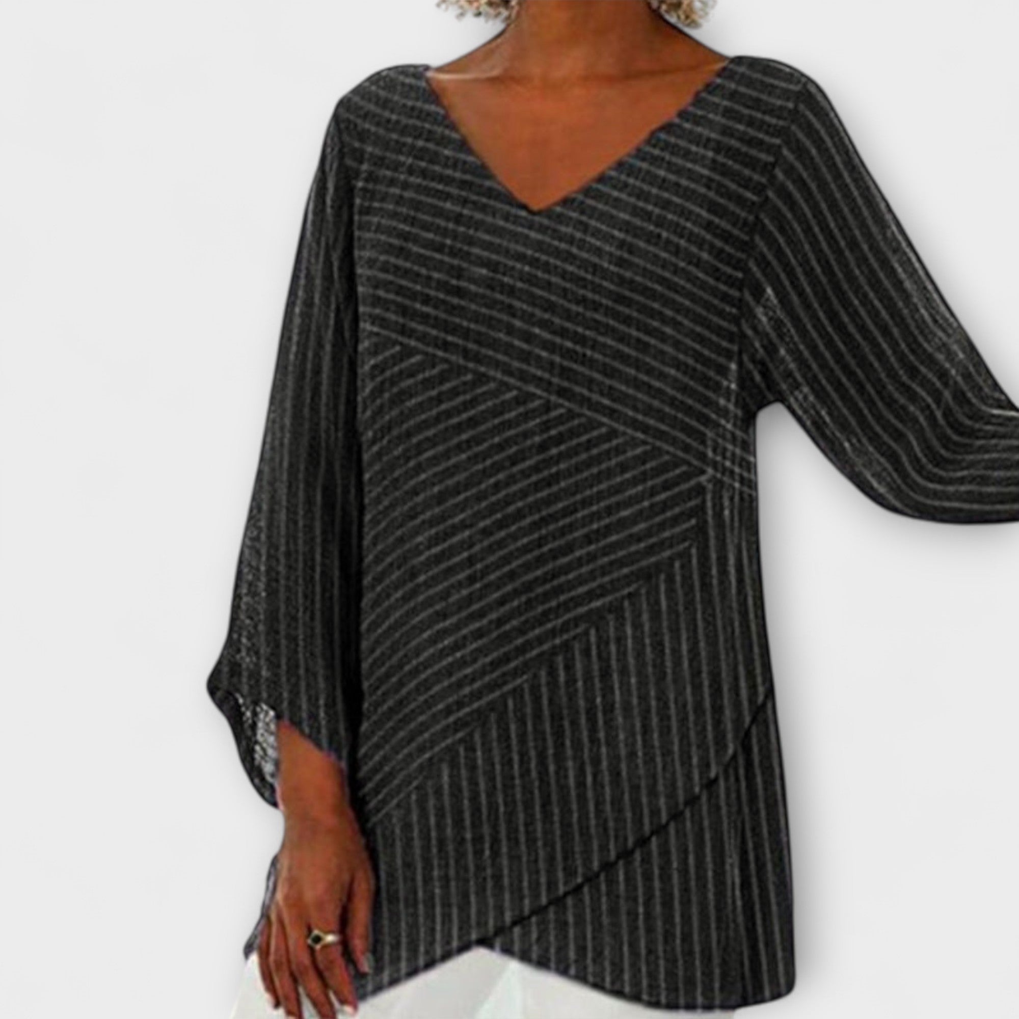Women’s Long-Sleeve Top, V-Neck, Relaxed Fit, Asymmetrical Draped Hem, Diagonal Stripe Pattern