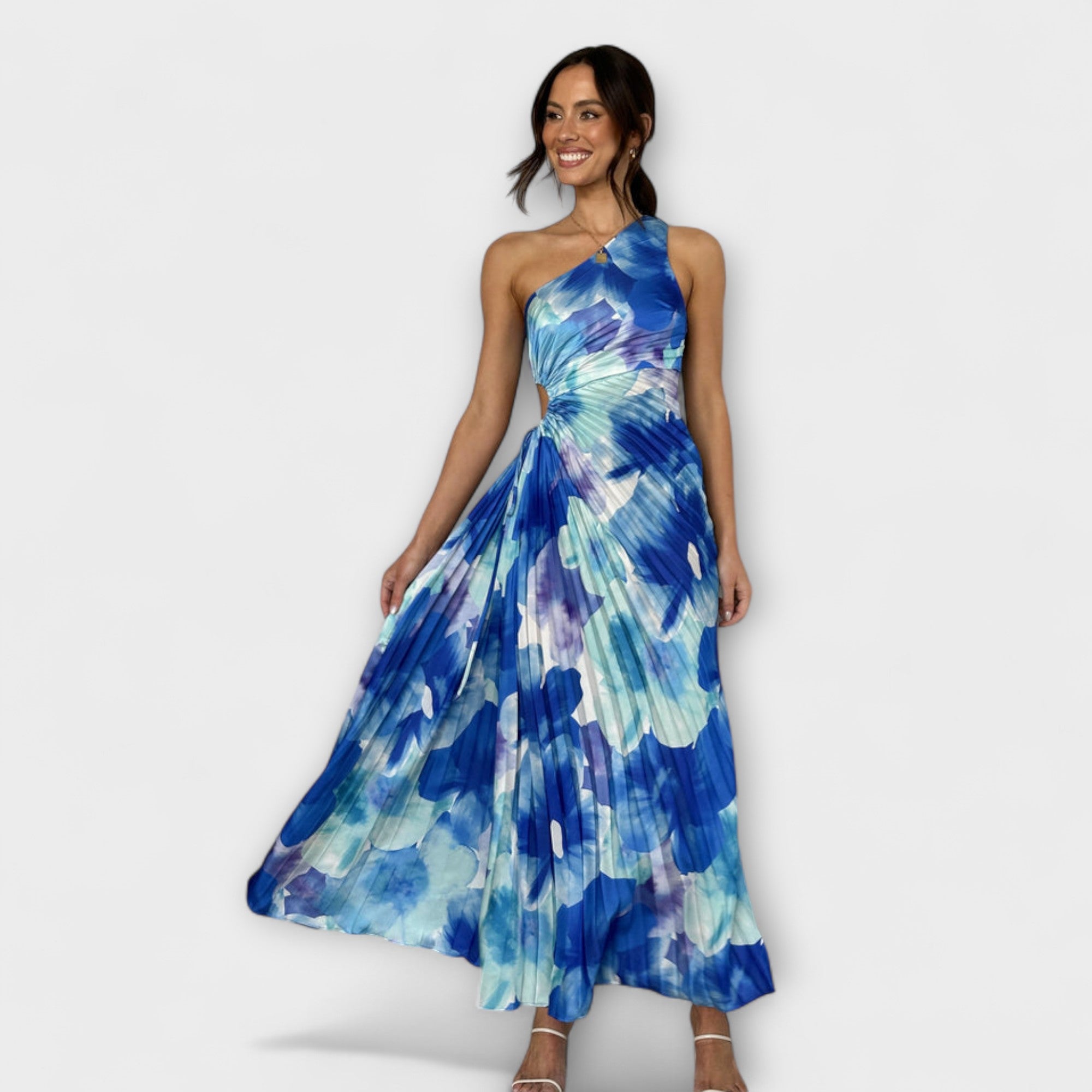 Women’s Maxi Dress, Blue Floral Print, Sleeveless, Asymmetric Neckline, Fitted Waist, Chiffon Blend