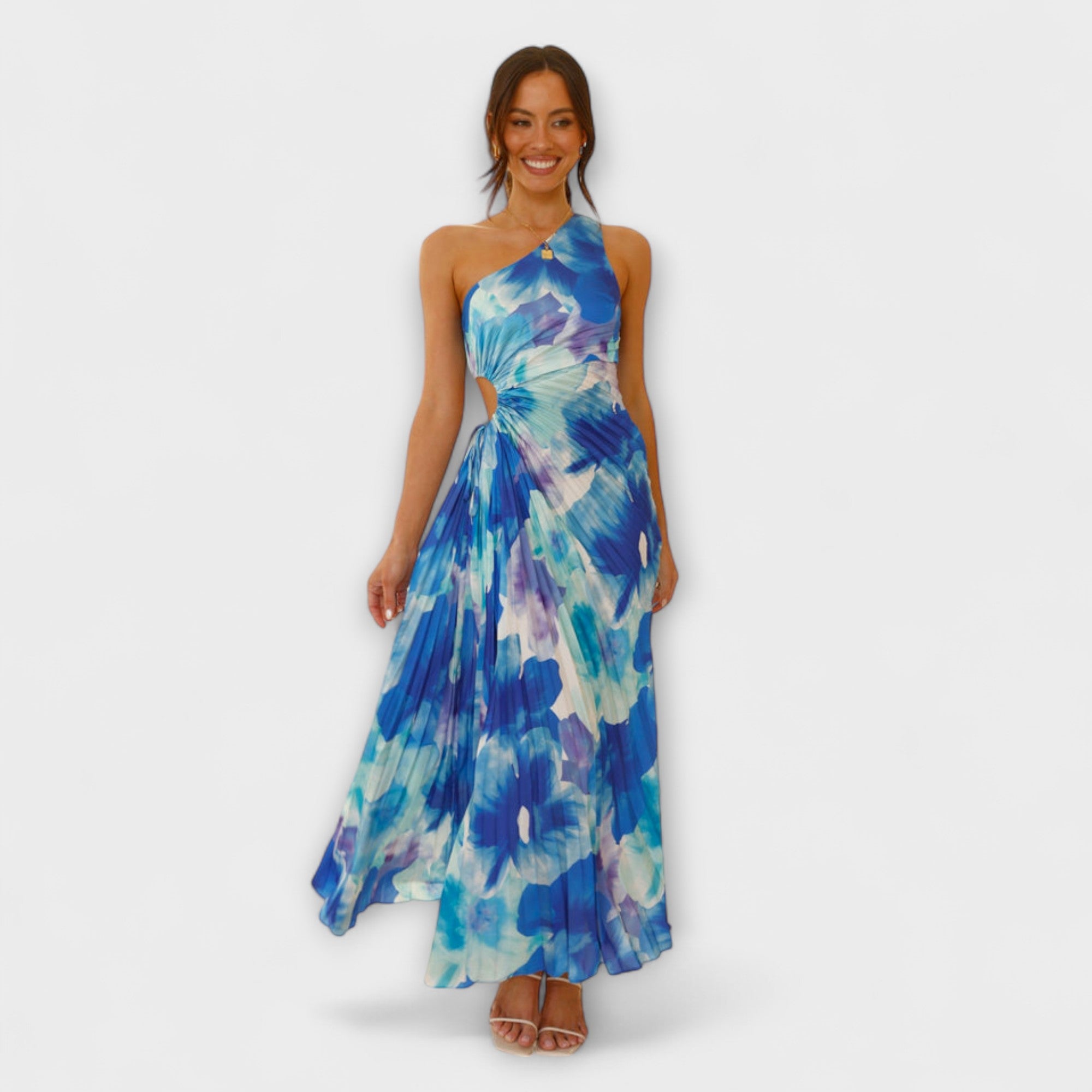 Women’s Maxi Dress, Blue Floral Print, Sleeveless, Asymmetric Neckline, Fitted Waist, Chiffon Blend