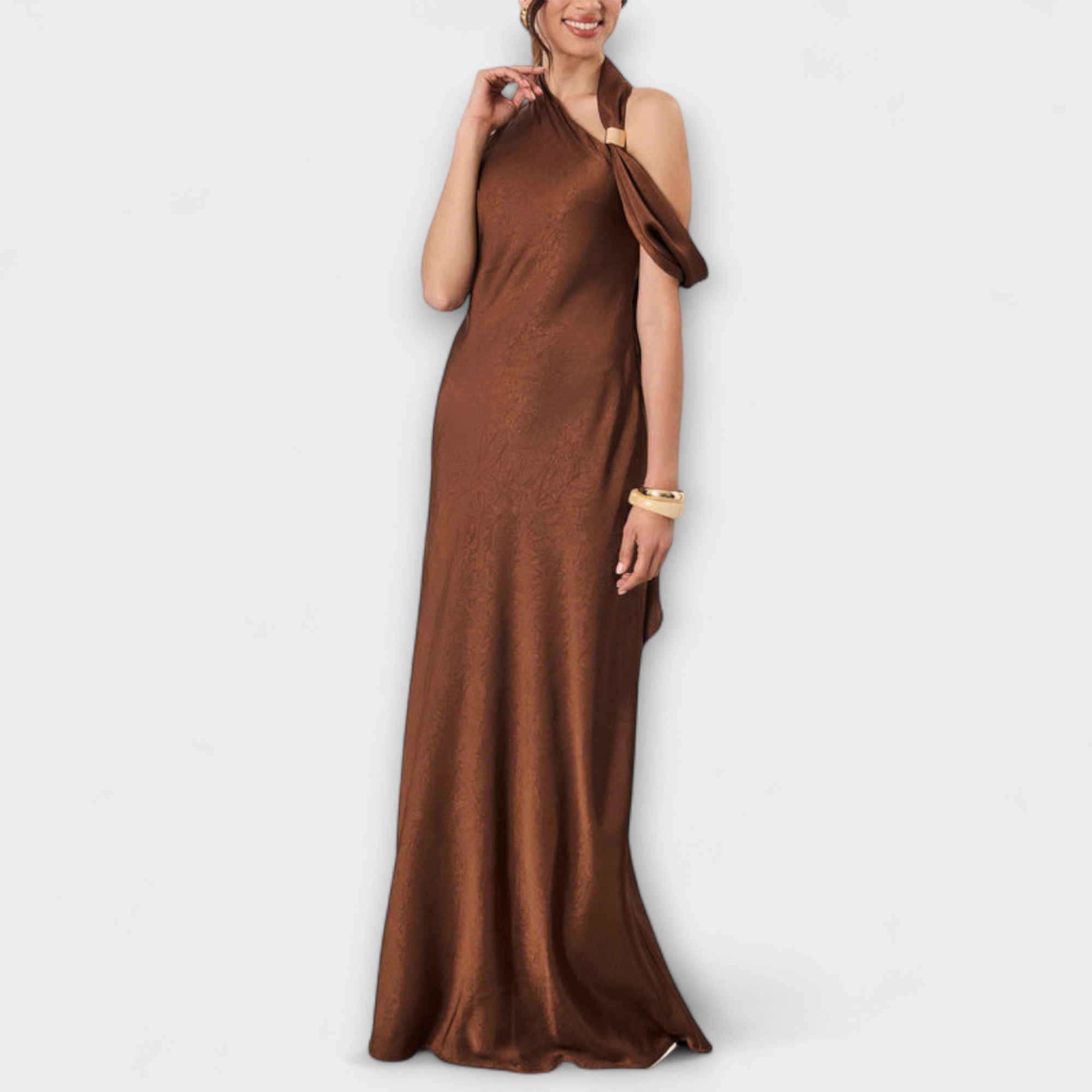 Women’s Maxi Dress, Bronze Satin, Sleeveless, Asymmetrical Neckline, Flowing Fit