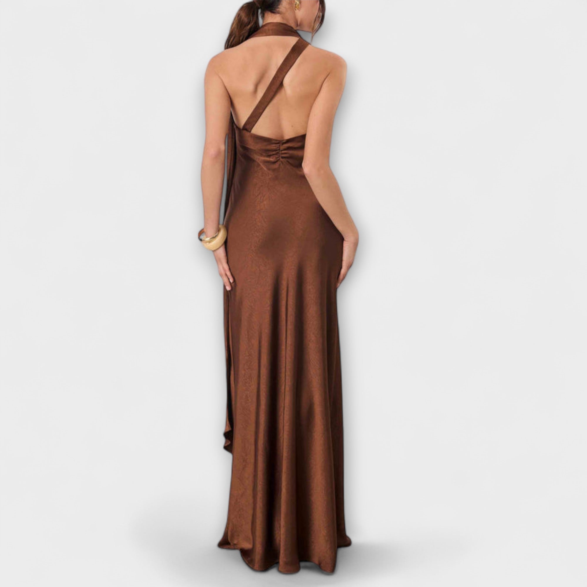 Women’s Maxi Dress, Bronze Satin, Sleeveless, Asymmetrical Neckline, Flowing Fit