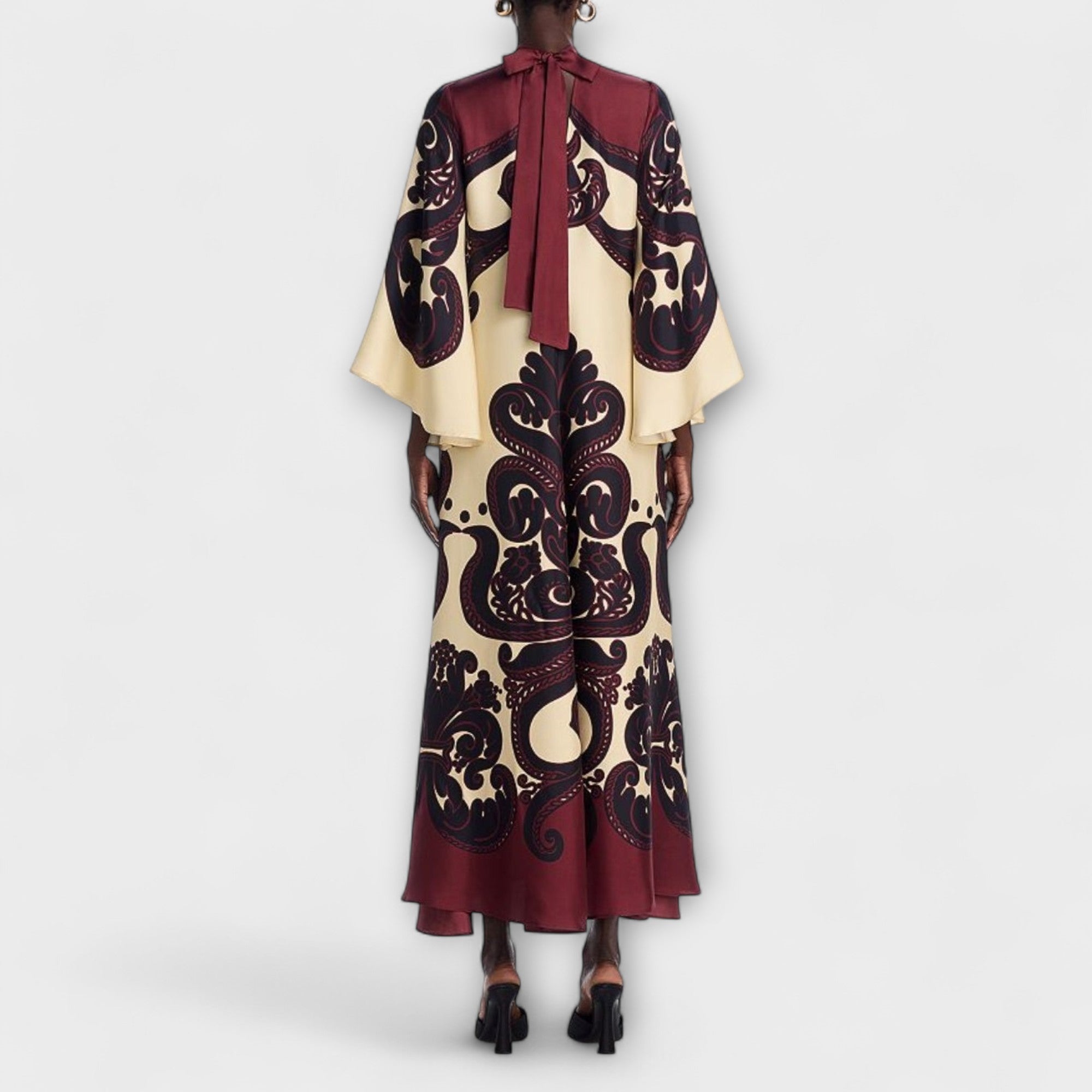 Women’s Maxi Dress, Ethnic Print, Long Sleeve, Round Neckline, Loose Fit, Polyester