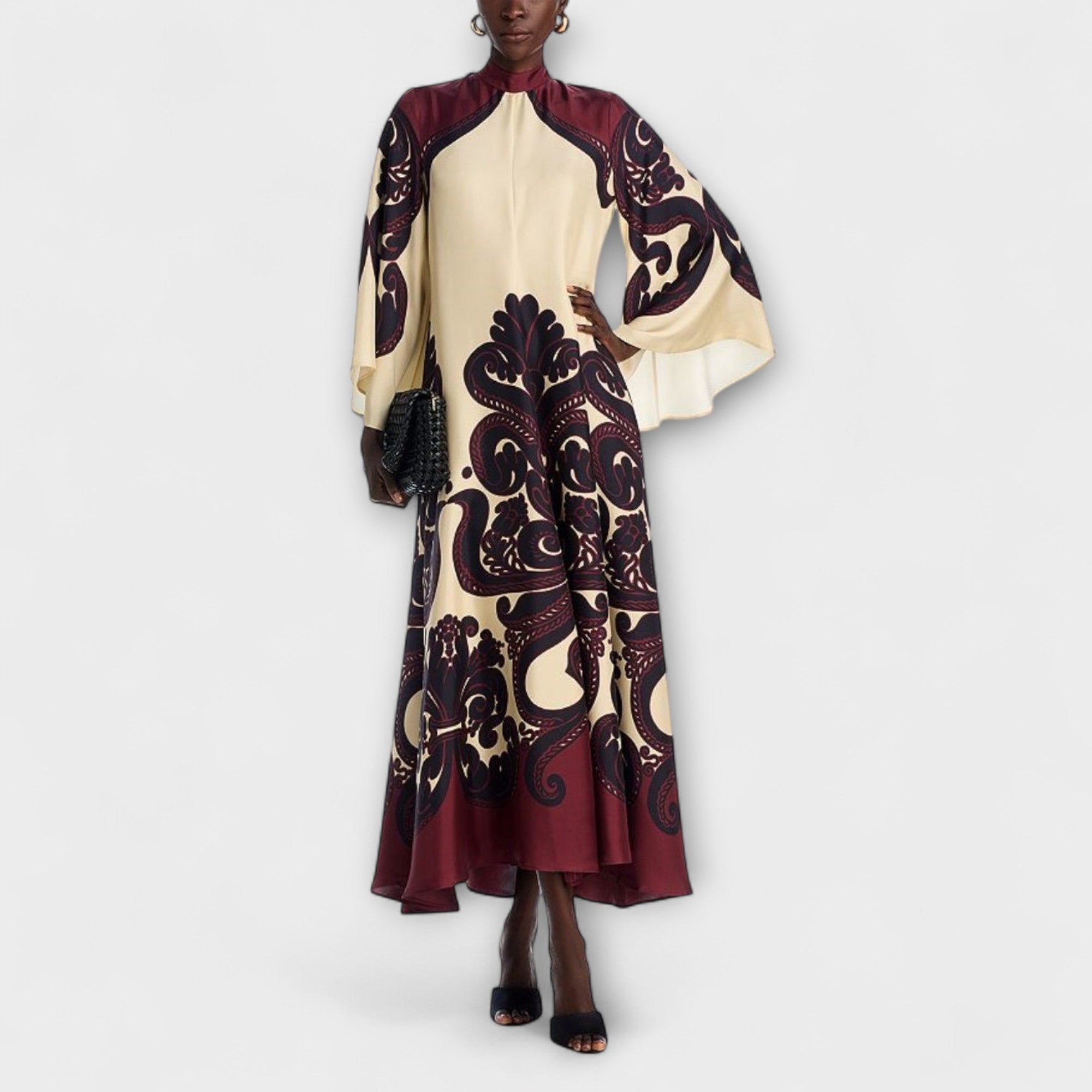 Women’s Maxi Dress, Ethnic Print, Long Sleeve, Round Neckline, Loose Fit, Polyester