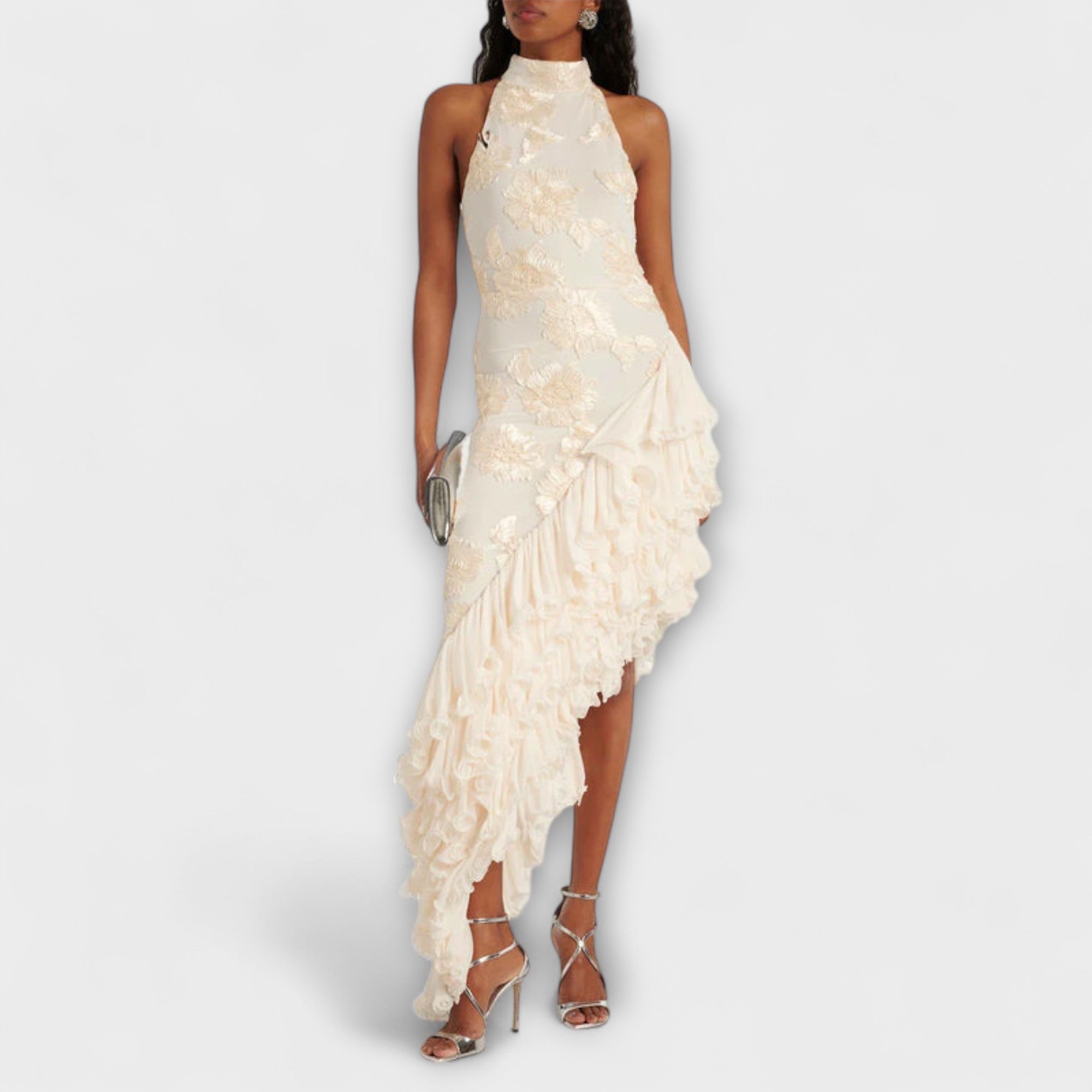 Women’s Maxi Dress, Floor-Length, Sleeveless, 3D Floral Appliqués, Back Zip Closure