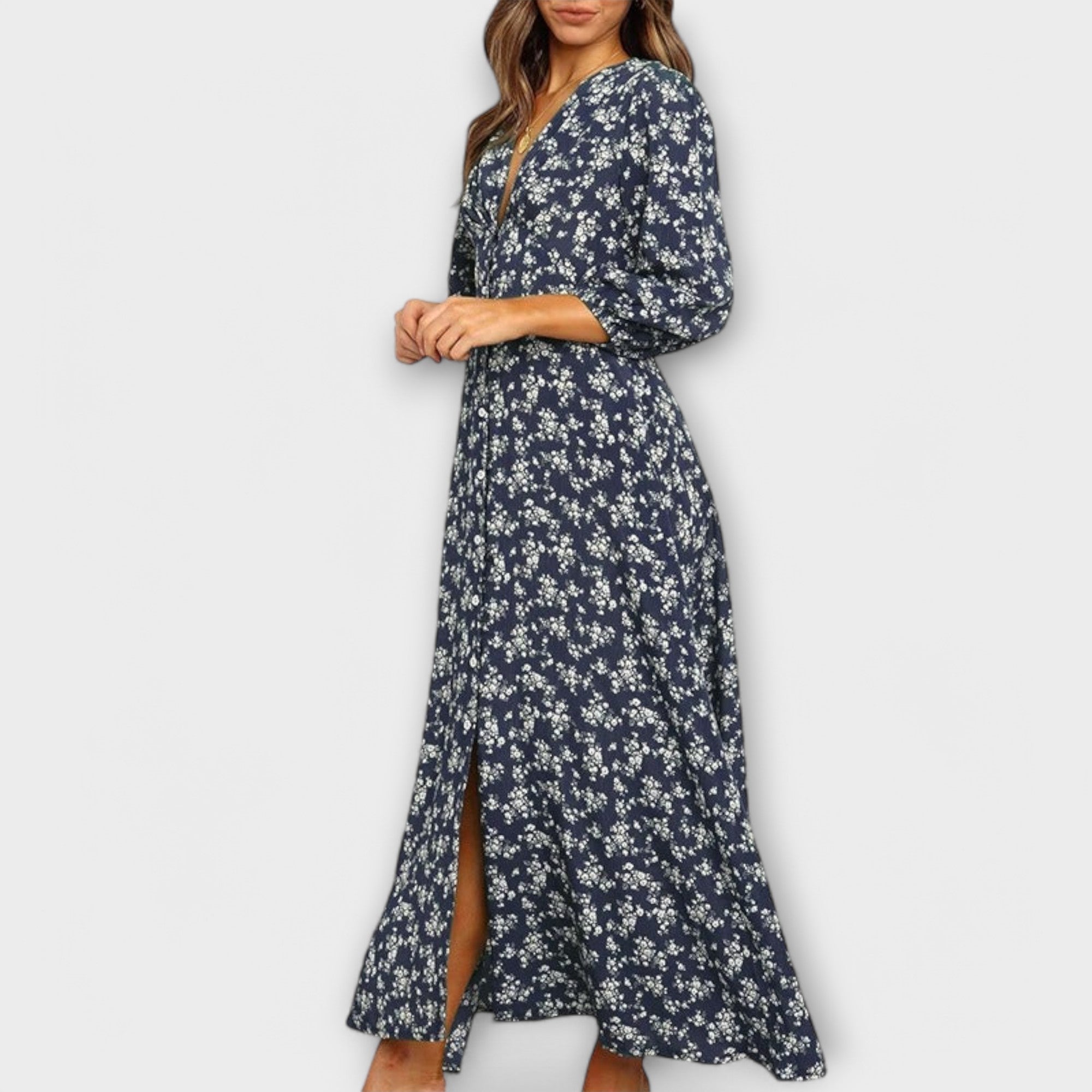 Women’s Maxi Dress, Floral Pattern, 3/4 Sleeve, V-Neck, High Waist, Flowing Fabric