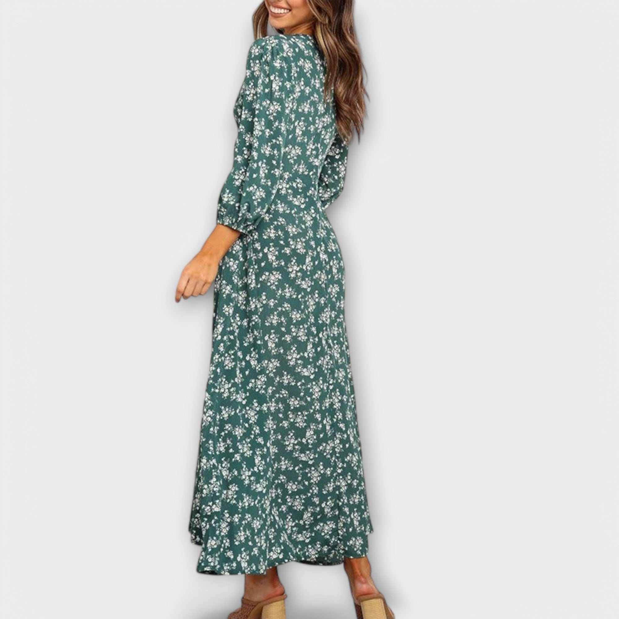 Women’s Maxi Dress, Floral Pattern, 3/4 Sleeve, V-Neck, High Waist, Flowing Fabric