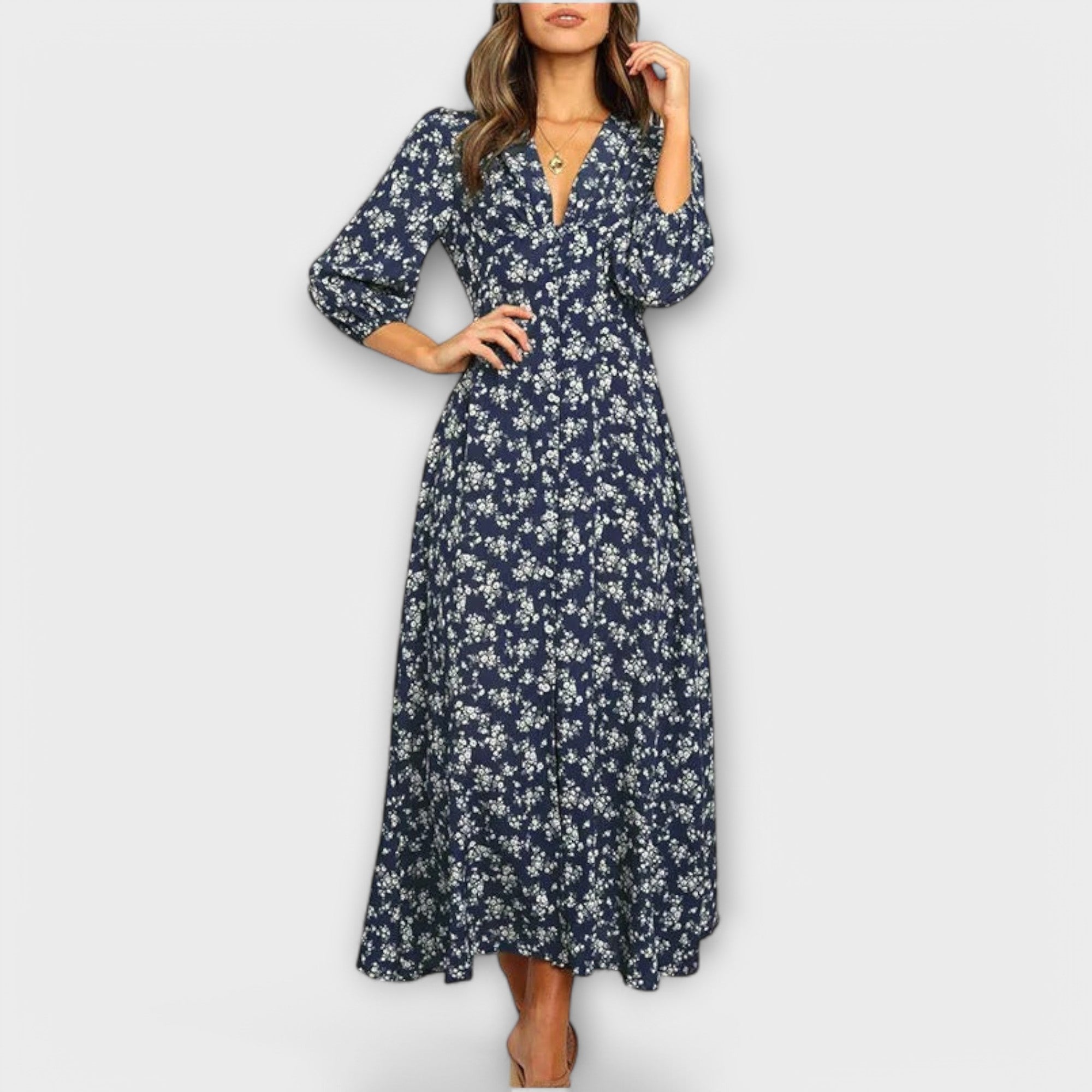 Women’s Maxi Dress, Floral Pattern, 3/4 Sleeve, V-Neck, High Waist, Flowing Fabric