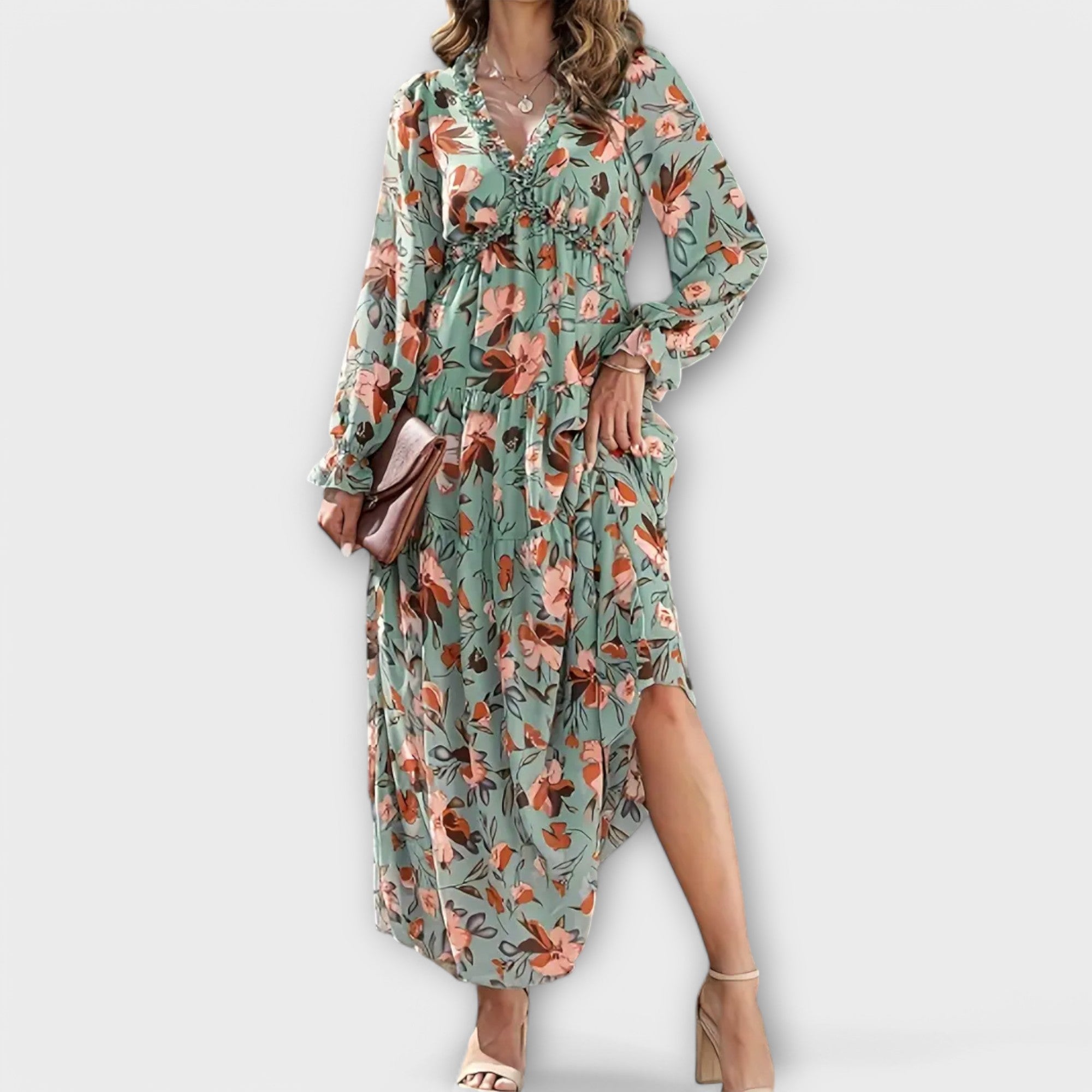 Women’s Maxi Dress, Floral Print, Long Sleeve, V-Neck, Pleated Fabric