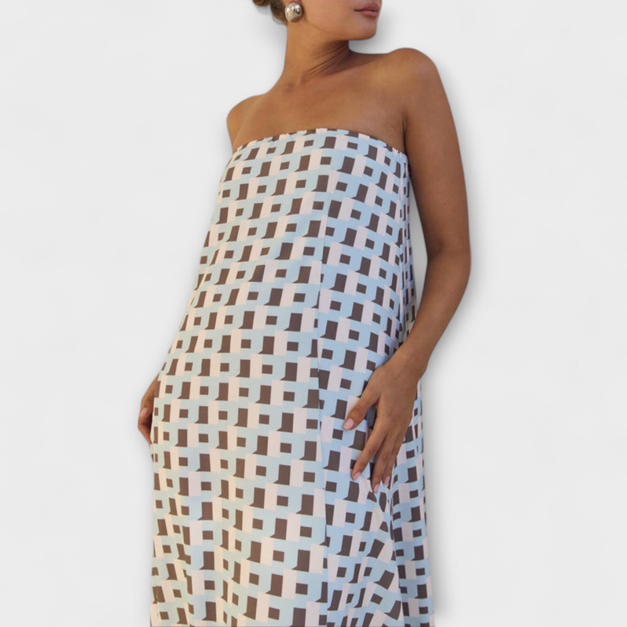 Women’s Maxi Dress, Geometric Print, Off-Shoulder Neckline, A-Line Fit