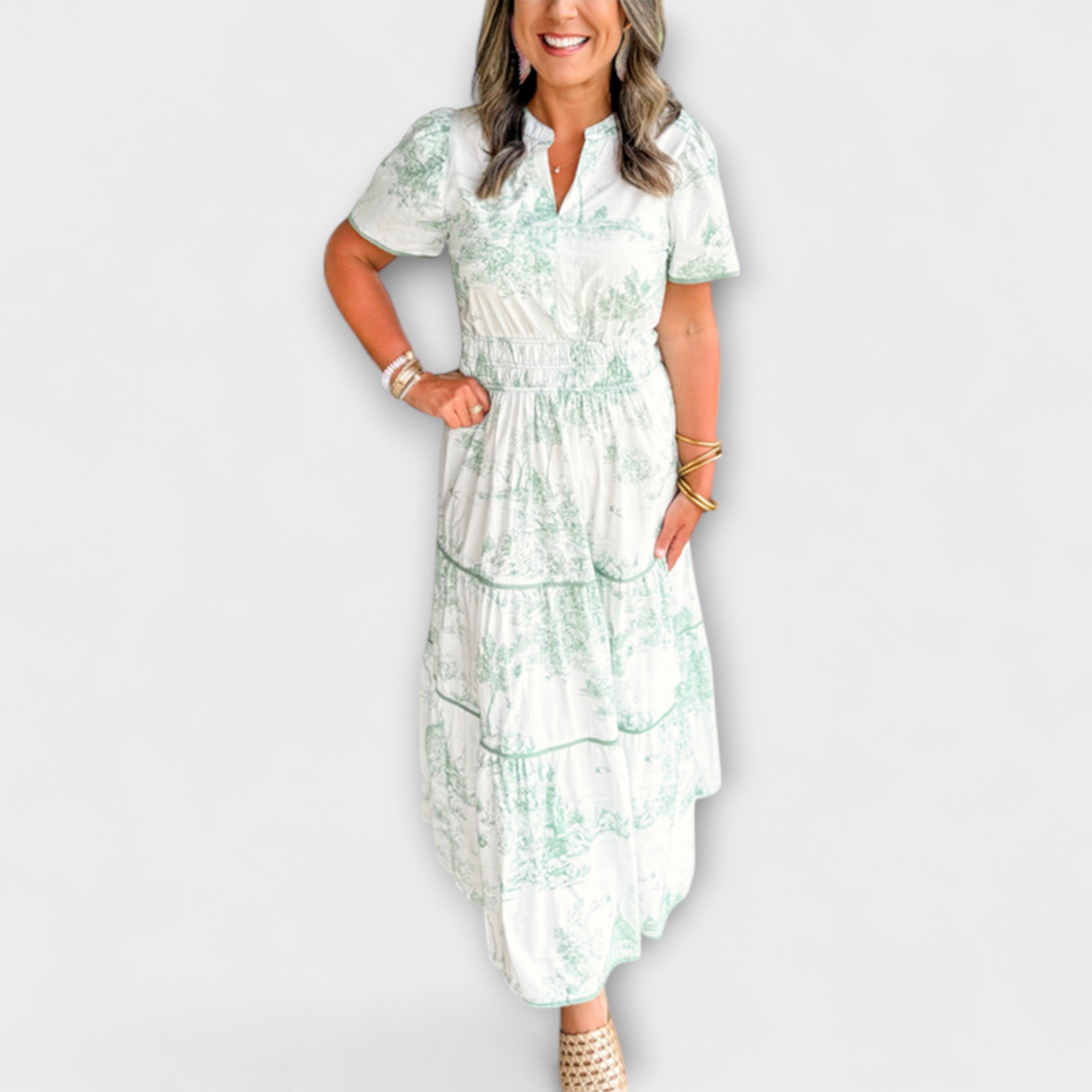 Women’s Maxi Dress, Green Toile Print, V-Neck, Short Sleeve, Gathered Waist, Polyester Spandex