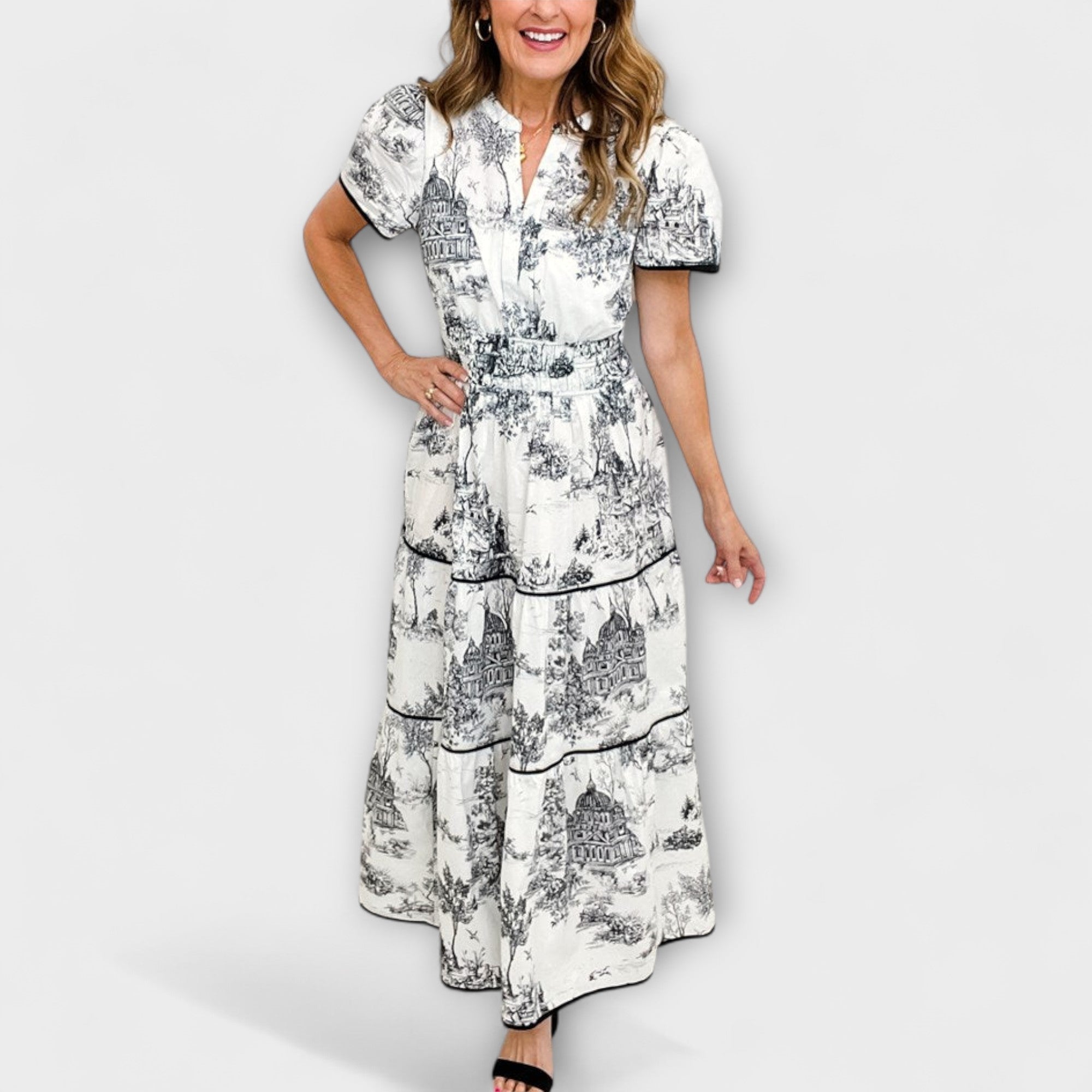 Women’s Maxi Dress, Green Toile Print, V-Neck, Short Sleeve, Gathered Waist, Polyester Spandex