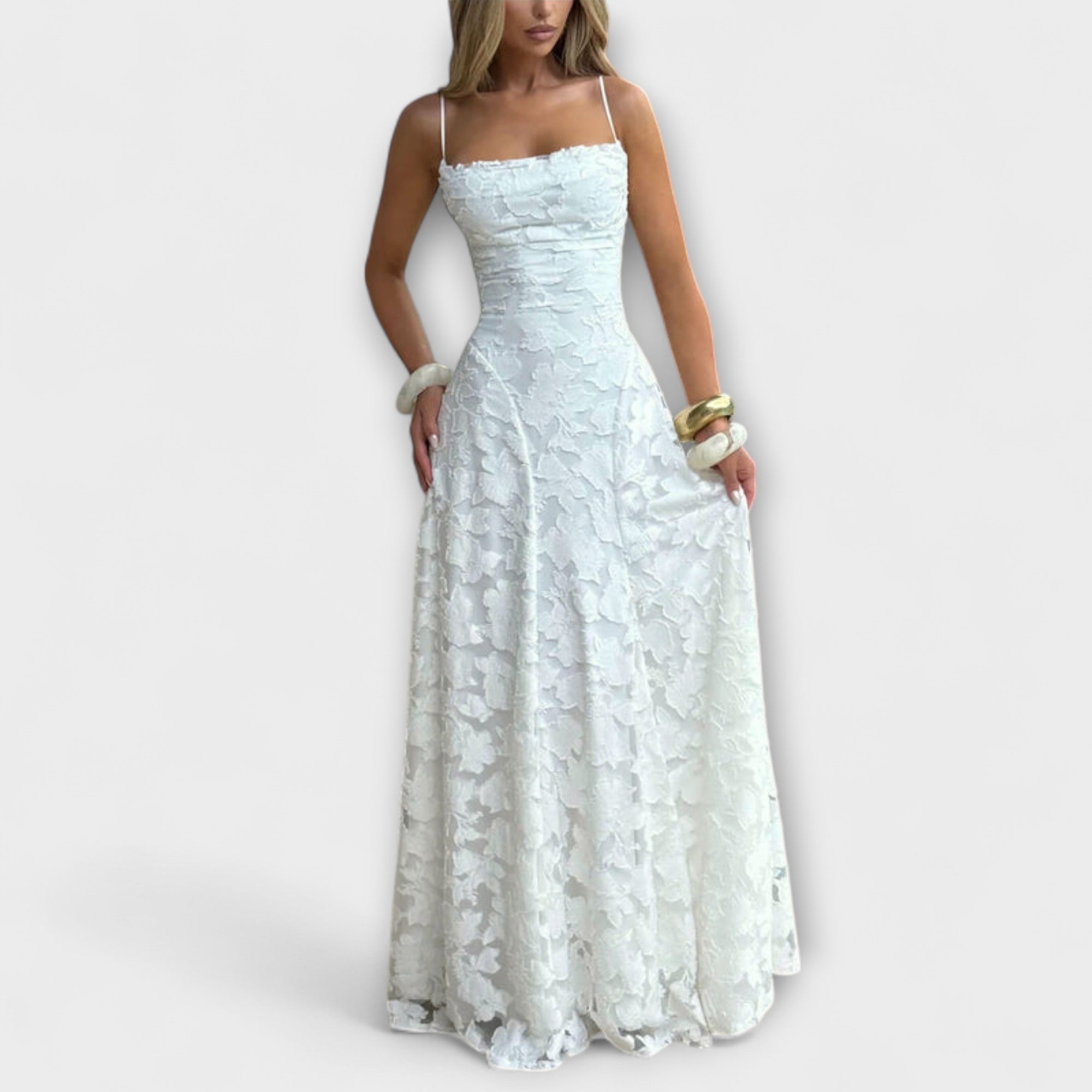 Women’s Maxi Dress, Jacquard Floral Burnout, Sleeveless, Scarf Neckline, Pleated Fit