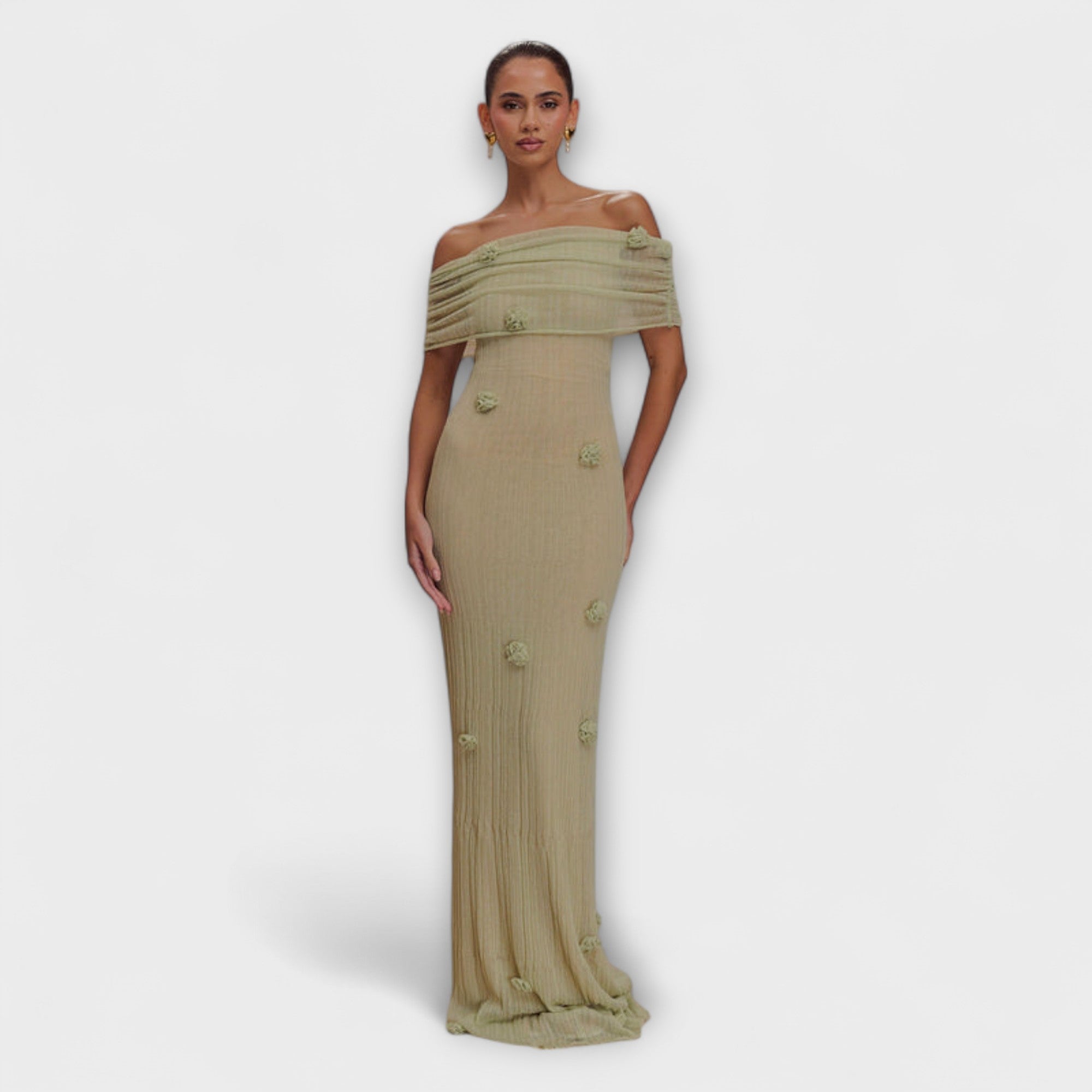 Women’s Maxi Dress, Light Green Knit, Off-the-Shoulder Neckline, Fitted Fishtail Silhouette