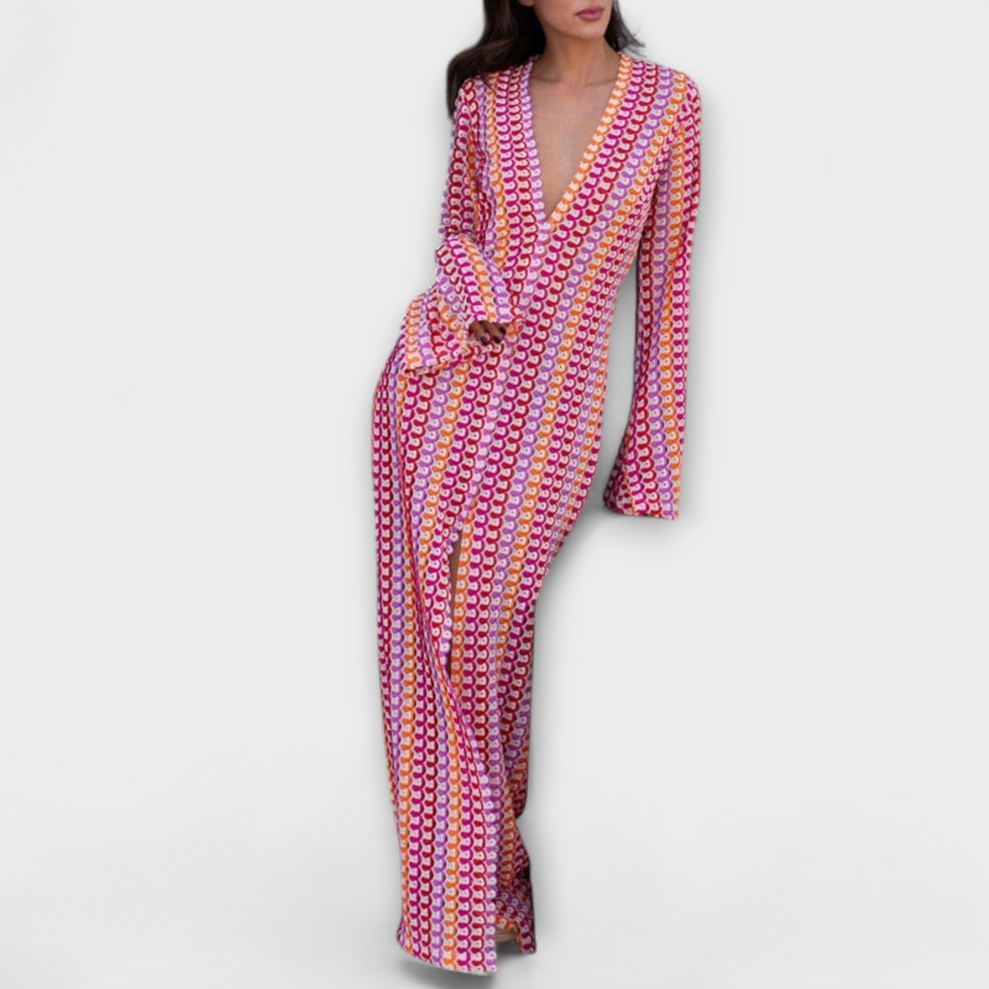 Women’s Maxi Dress, Lightweight, Ankle Length, Long Sleeve, V-Neck, Loose Fit