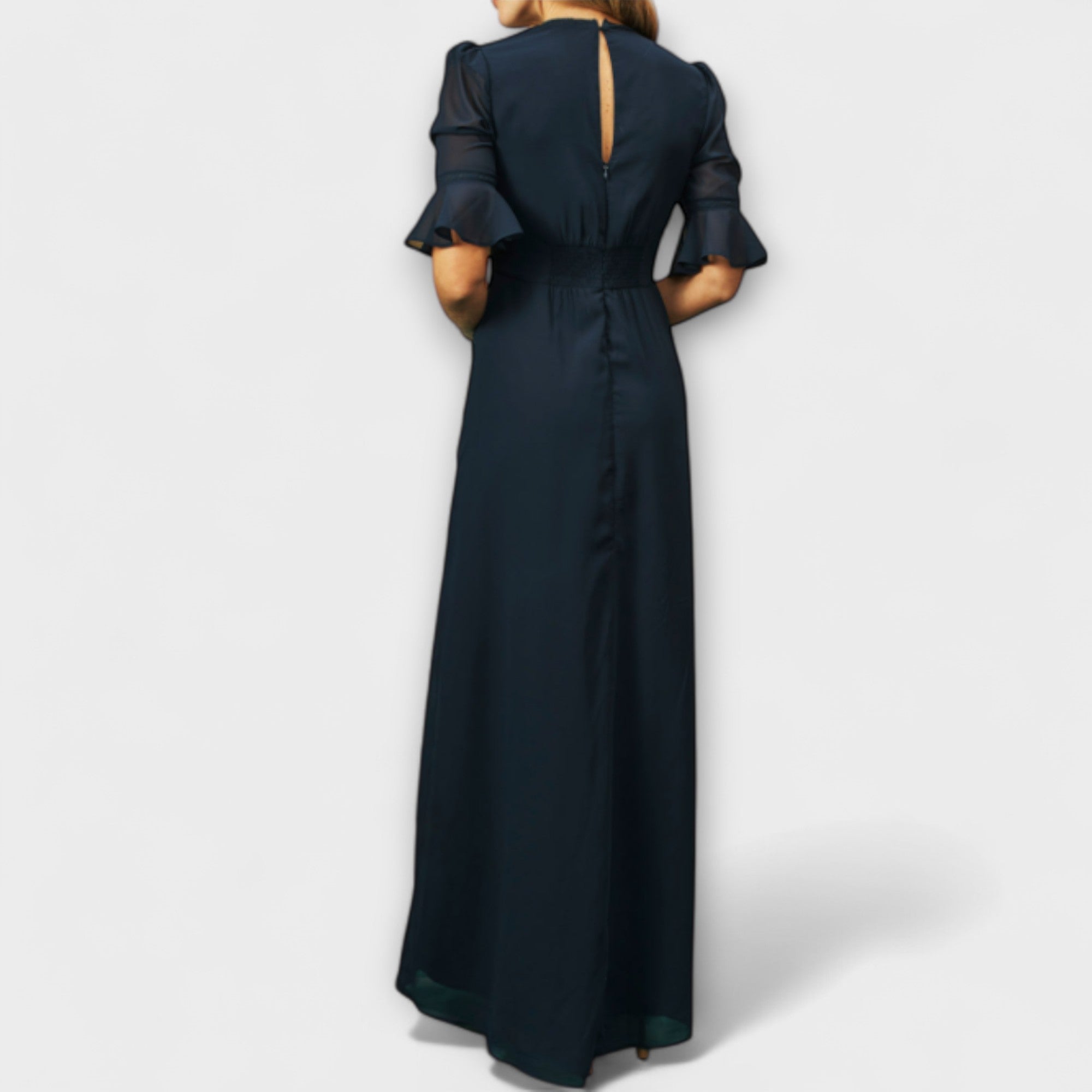 Women’s Maxi Dress, Navy Blue, Short Sleeve, V-Neck, A-Line, Floral Embroidery, Elastane Viscose Blend